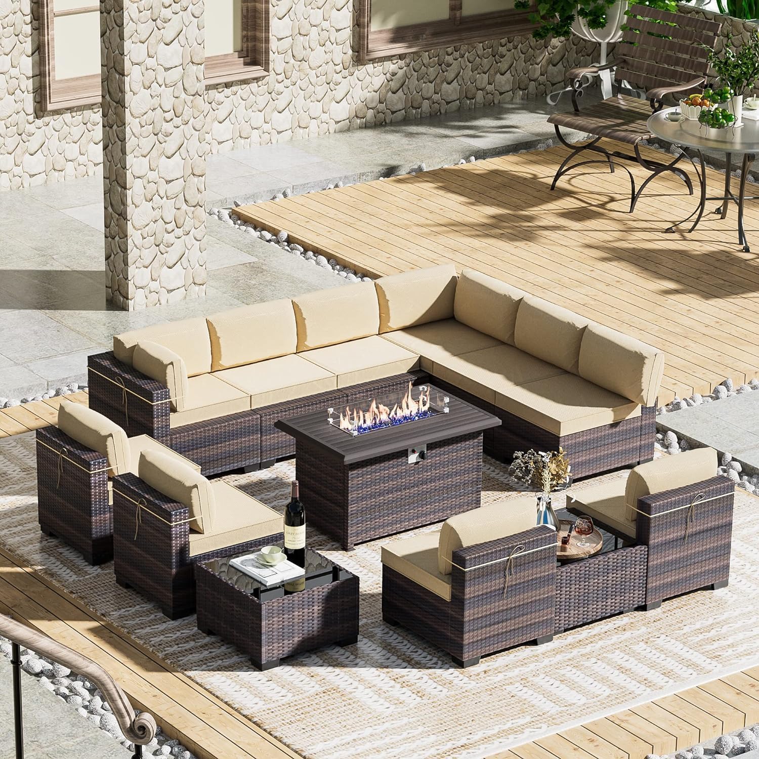 13-Piece Outdoor Patio Furniture Set with Propane Fire Pit Table - Brown Sectional Sofa Conversation Set with ETL-Approved 43