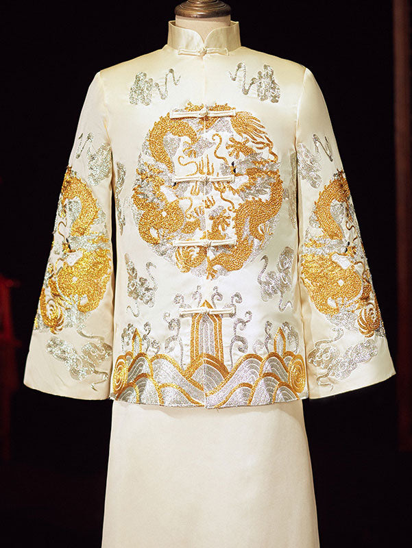 Elegant Champagne Beaded Phoenix Wedding Dress - Traditional Chinese Xiuhe Qun Kwa for Brides | Perfect for Tea Ceremony, Reception & Cultural Celebrations