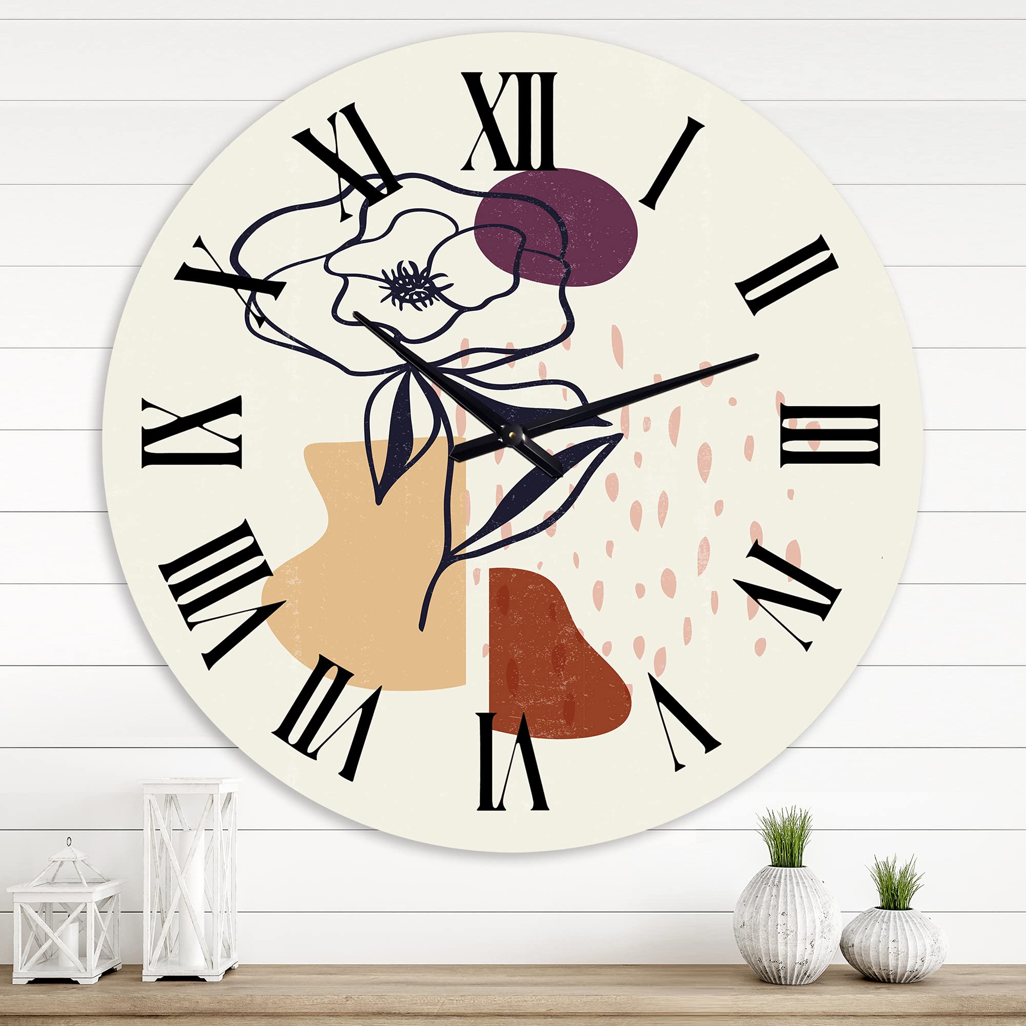 DesignQ Modern Wall Clock - Vintage Floral Minimalist Large Wall Decor for Living Room, Bedroom & Office | Silent Non-Ticking Battery Operated