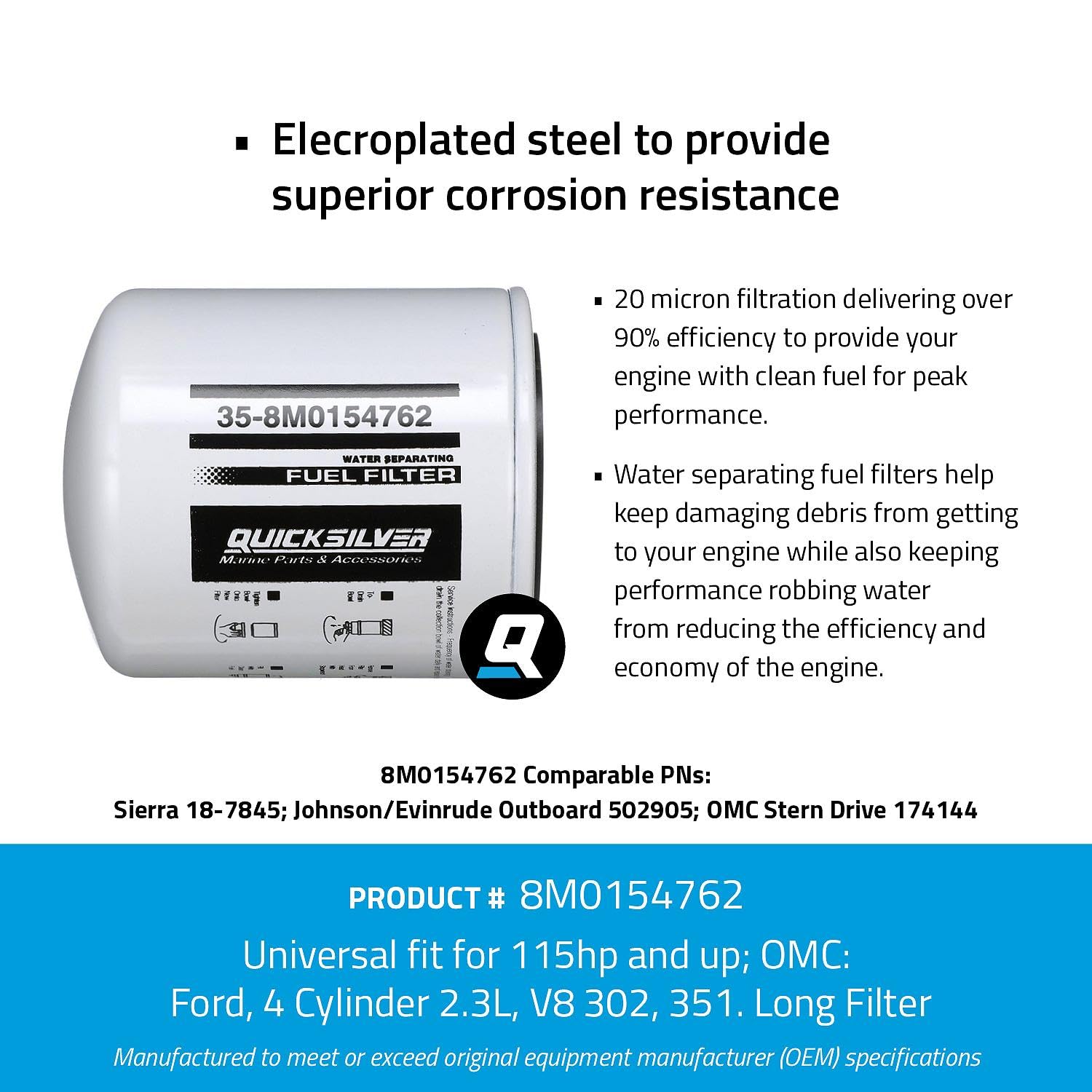 Quicksilver 8M0154762 Marine Water Separating Fuel Filter - Compatible with Mercury, Yamaha, Evinrude & Other Outboard Engines | Prevents Water Contamination for Smooth Boating Performance