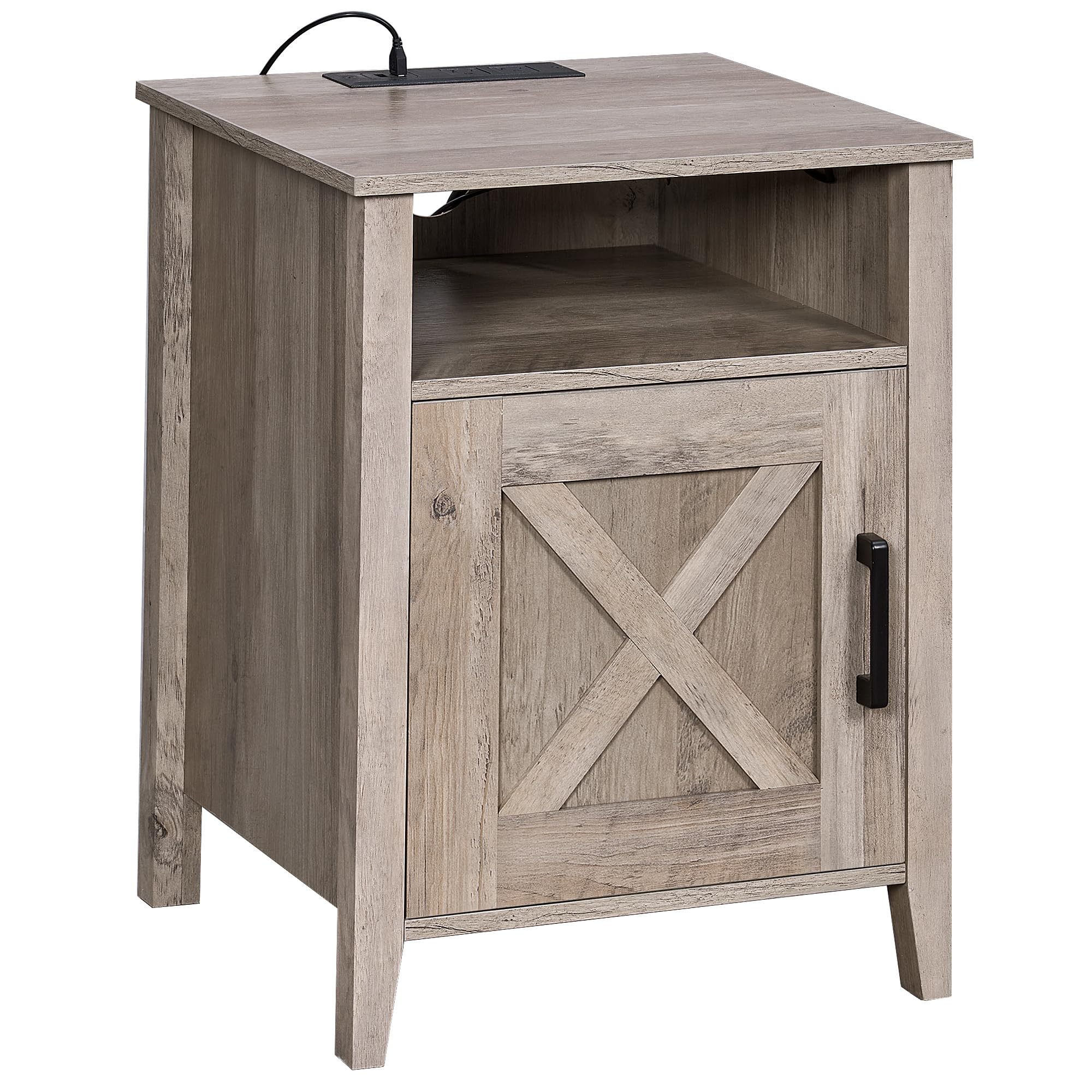 Modern Farmhouse Nightstand Set of 2 with LED Lights & USB Charging Station - Rustic Barn Door Design with Storage Shelf - Bedside Table for Bedroom, Living Room, Dorm (Greige) - Perfect for Small Spaces & Apartment Decor