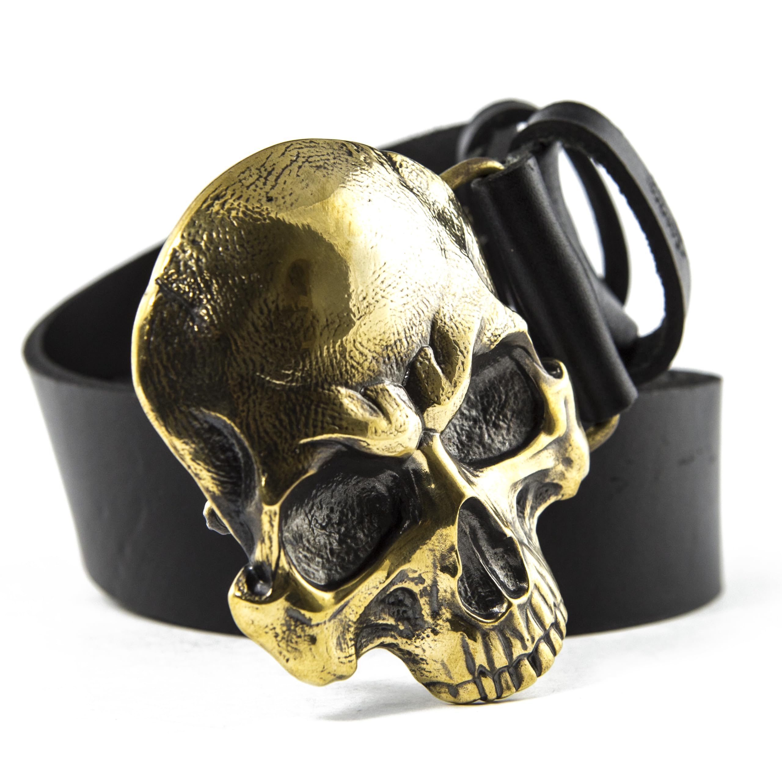 Men's Genuine Leather Belt with Solid Brass Skull Buckle - 1.5