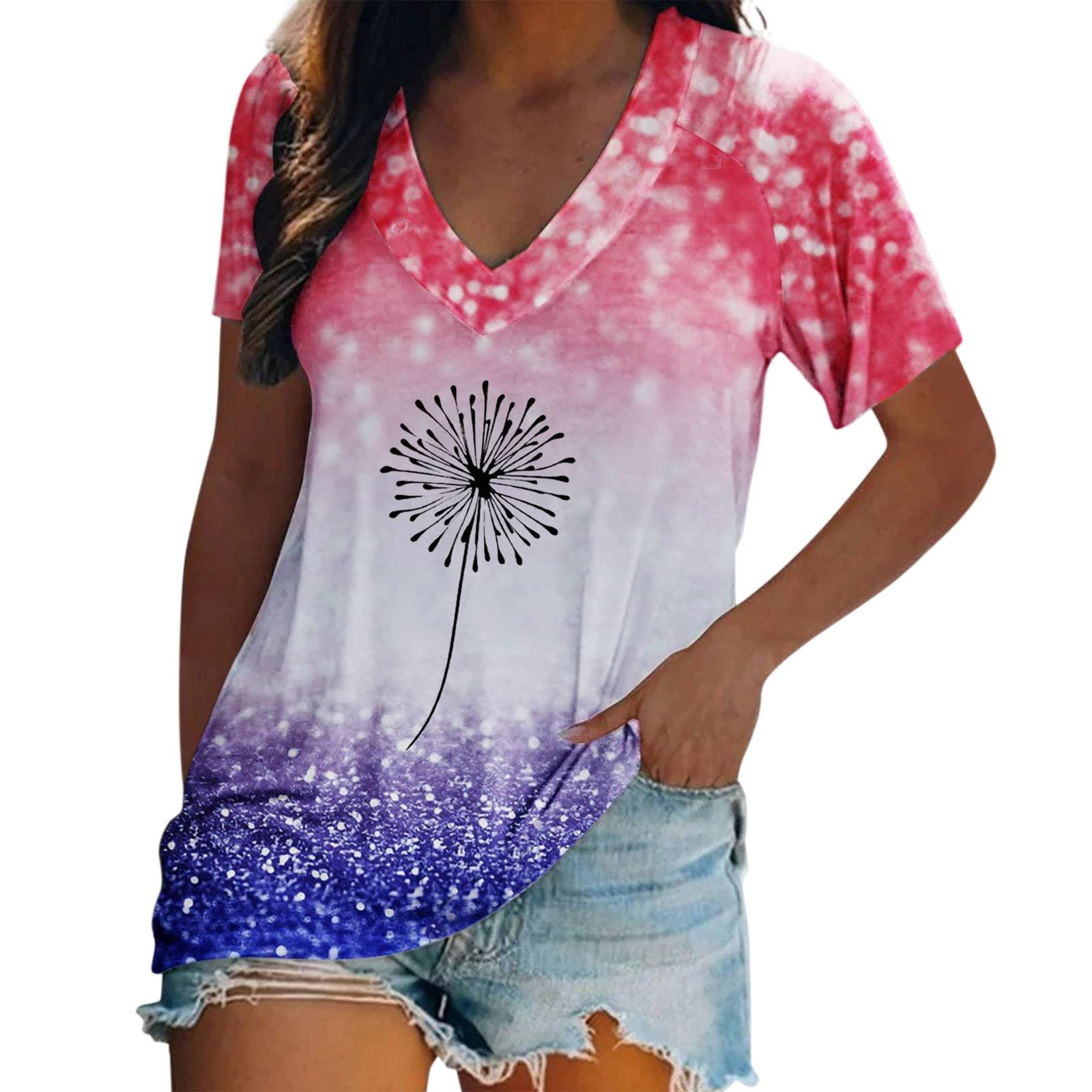 Women's Tie Dye V-Neck Short Sleeve T-Shirt - Gradient Color Casual Tee with Dandelion Print - Purple Slip for Summer Outfits, Beach Wear & Festival Fashion