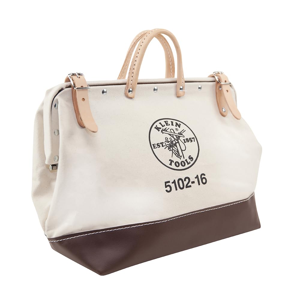 Klein Tools 5102-16 Heavy Duty Natural Canvas Tool Bag - 16-Inch Multi-Purpose Tool Tote with Wide Hinged Opening & Leather Handles - Perfect for Electricians, Contractors & DIY Home Improvement Projects