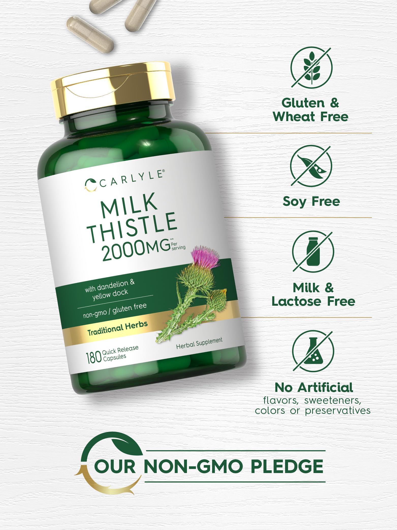 Carlyle Milk Thistle 2000mg Supplement | 180 Capsules with Dandelion & Yellow Dock | Non-GMO, Gluten Free Liver Support | Natural Detox & Digestive Health for Daily Wellness
