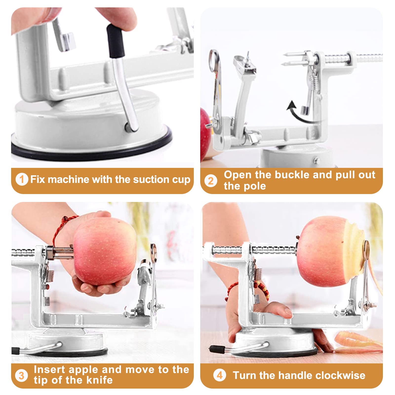 Stainless Steel Apple Peeler Slicer Corer with Powerful Suction Base - Easy Peel, Slice & Core Apples, Pears, Potatoes - Perfect for Baking, Cooking, Meal Prep & Kitchen Essentials (White)