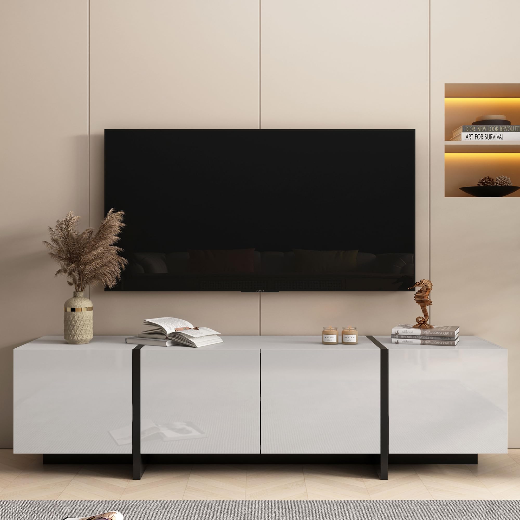 65-75 Inch Modern White TV Stand with Storage - Adjustable Hinge Entertainment Center for Living Room | Perfect for Home Theater Setup & Living Room Organization