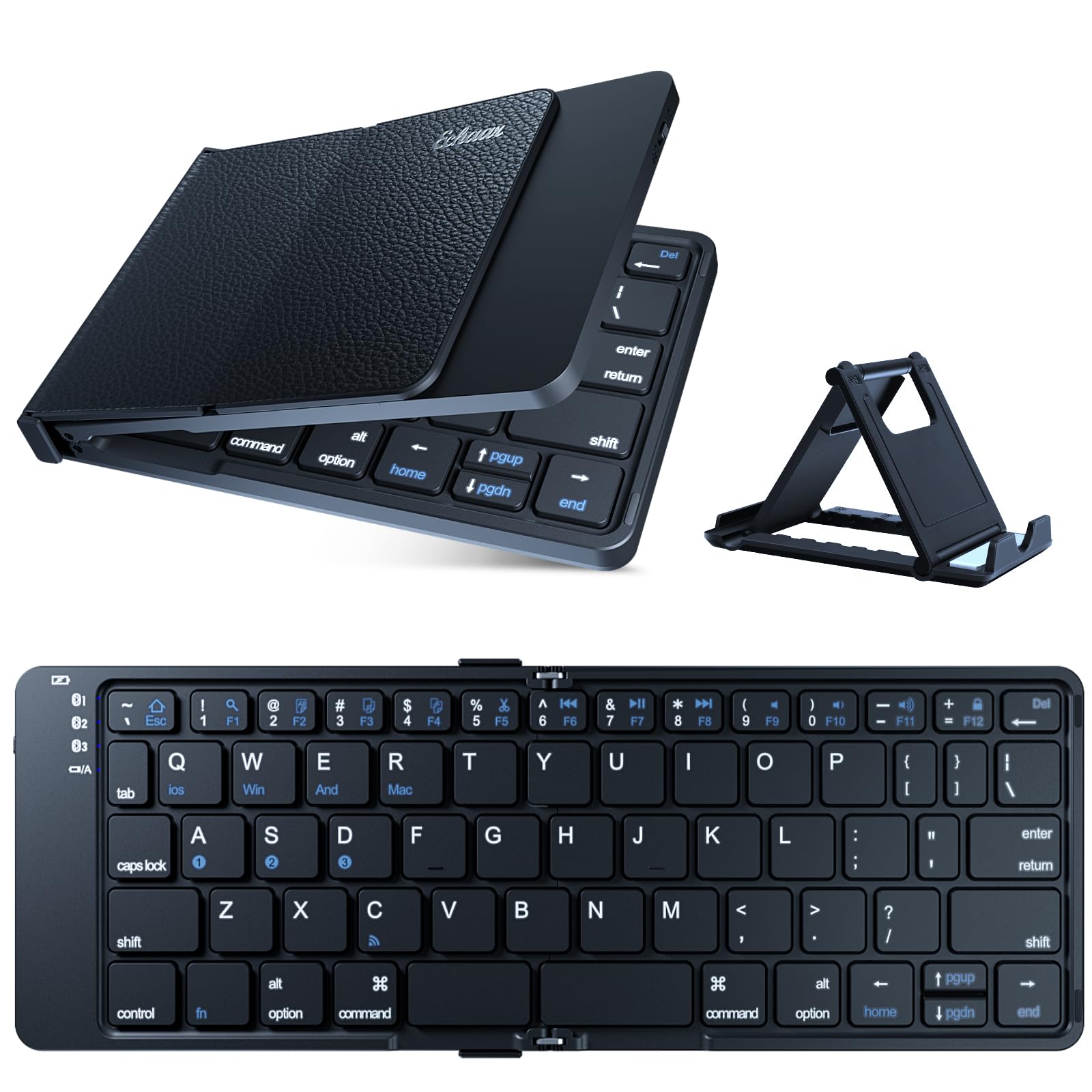 Portable Folding Wireless Bluetooth Keyboard - Ultra-Thin USB-C Rechargeable for iOS Android Windows Mac | Multi-Device Compatible with Smartphone Tablet Laptop | Compact Travel & Business Keyboard for Office, Home, Coffee Shop (Black)