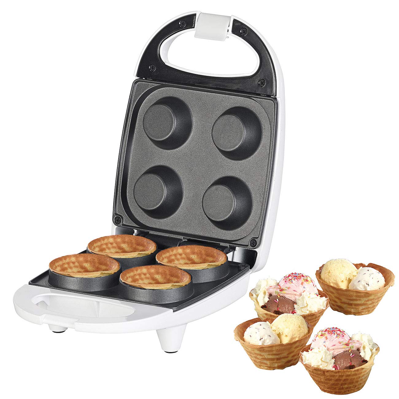 Rosenstein & Söhne 4-Cup Non-Stick Ice Cream Cone Waffle Maker - 520W Electric Waffle Cone Maker for Homemade Desserts, Party Treats & Ice Cream Shops