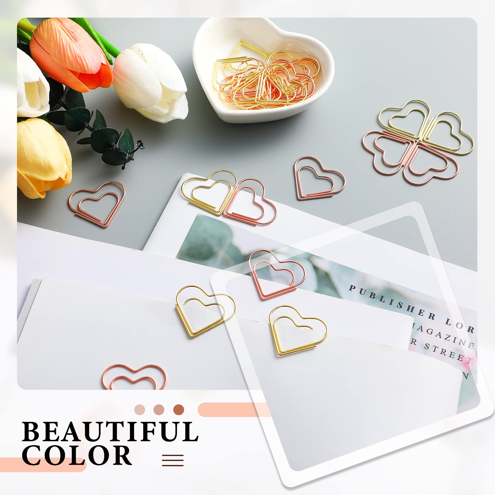 100 Pieces Heart-Shaped Paper Clips - Gold & Rose Gold Metal Office Supplies with Clear Storage Box | Perfect for Journaling, Document Organization, School & Office Use