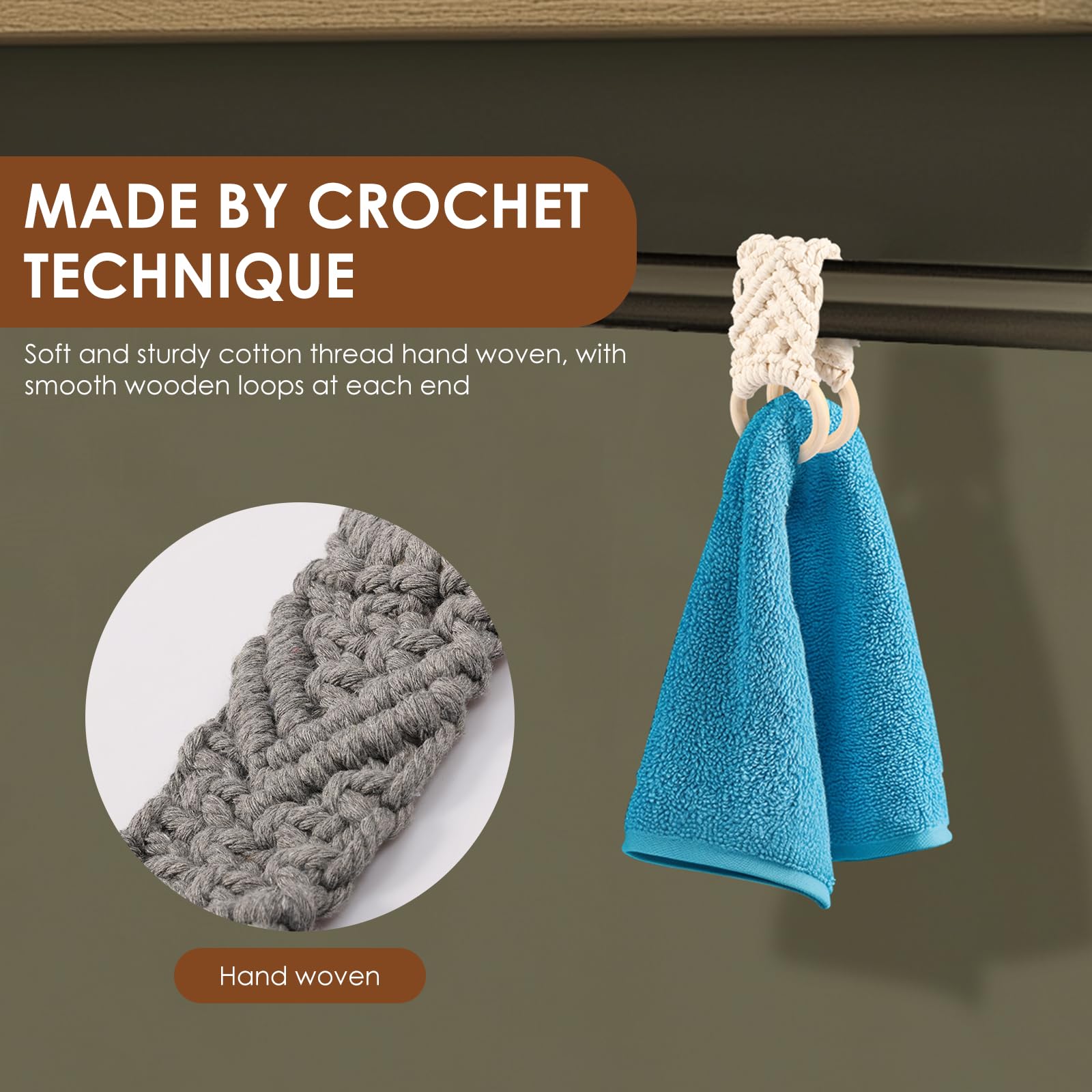 3Pcs Handmade Crochet Dish Towel Holders - Macrame Knit Hanging Kitchen Towel Organizer for Bathroom & Toilet - Decorative Cotton Towel Hooks for Kitchen, Farmhouse, RV & Dorm Room Decor
