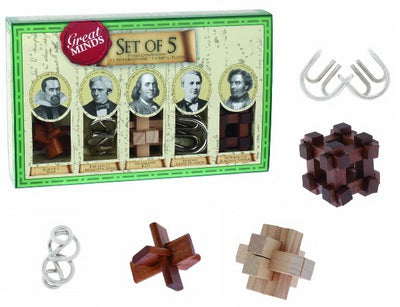 Great Minds Set of 5 Metal & Wood Brain Teaser Puzzles - Challenging Logic Games for Adults & Kids - Perfect for Family Game Night, Office Stress Relief & Cognitive Training