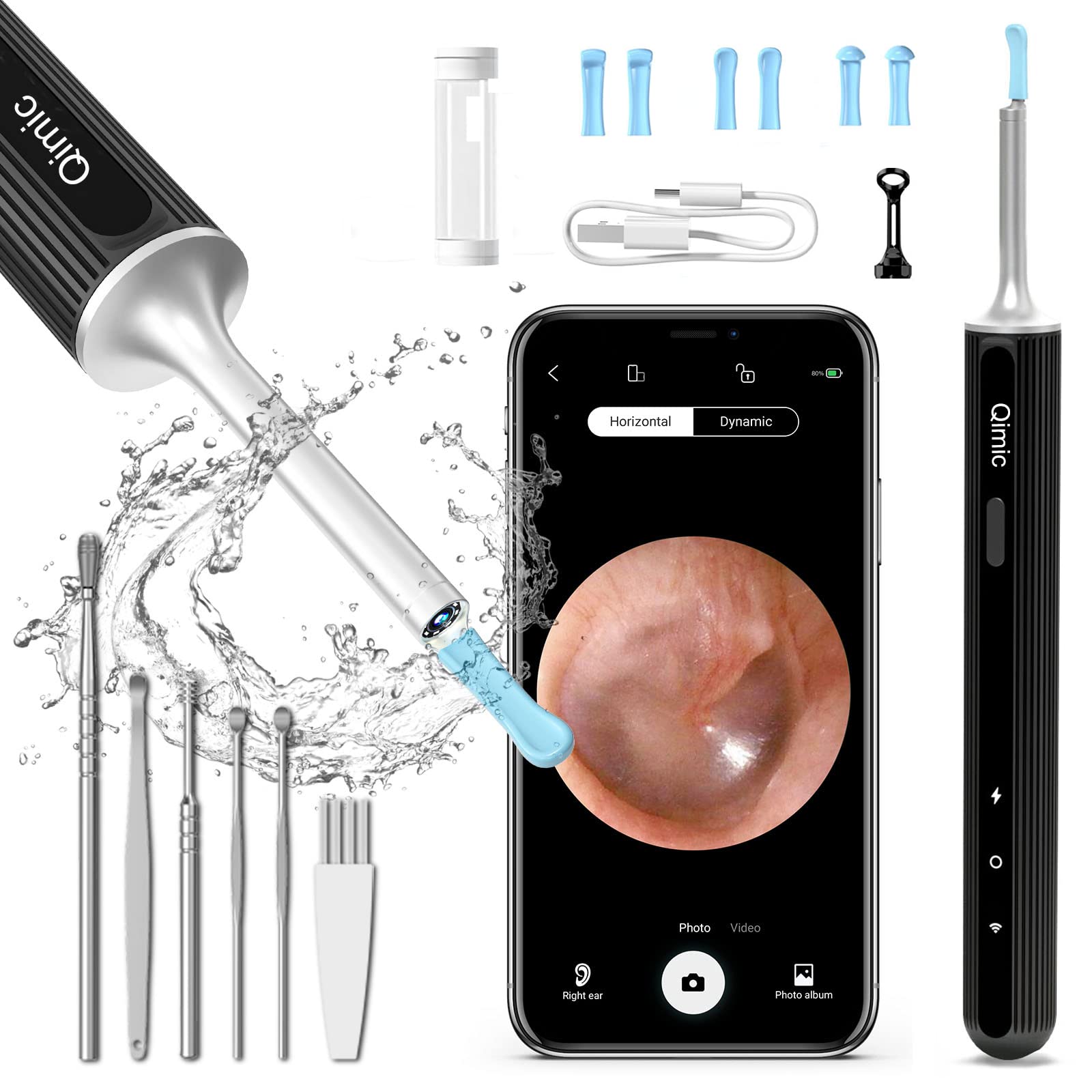 Qimic 1080P WiFi Ear Wax Removal Camera with Light - Waterproof Ear Cleaner Kit for iOS & Android, Includes 6 Pcs Ear Set - Safe Ear Wax Removal Tool for Home Use, Travel & Personal Hygiene Care