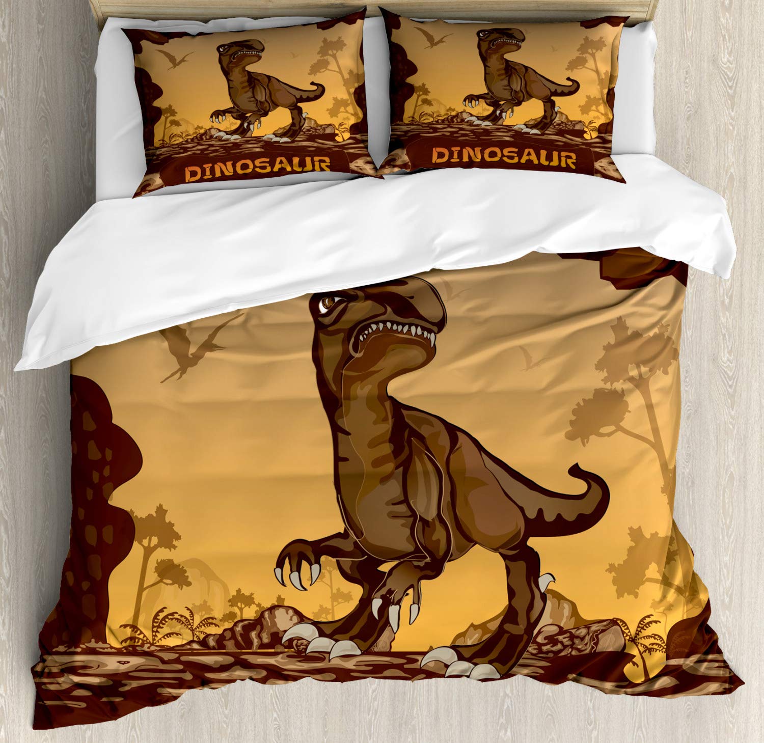Ambesonne Fantasy Duvet Cover Set - King Size 3-Piece Bedding with Dinosaur Illustration | Jurassic Themed Dinosaur on Cliffs Cave Wild Fossil Print | Includes 2 Pillow Shams in Apricot Redwood | Perfect for Kids' Rooms, Dinosaur Themed Bedrooms & Jurassic Decor Enthusiasts