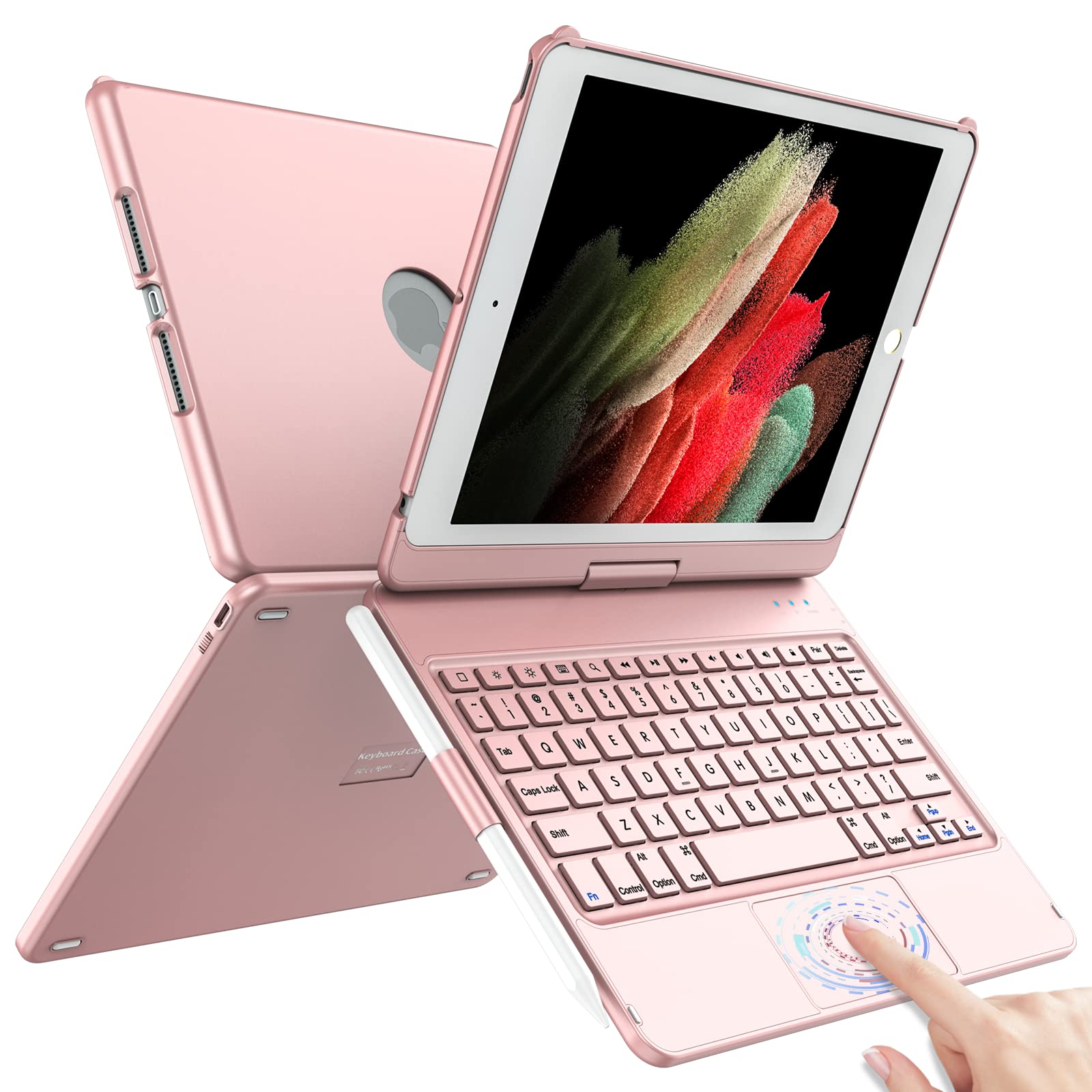 TQQ Touch iPad 9th Generation Keyboard Case (10.2 Inch 2021 Model) - Multi-Touch Trackpad, 360° Rotating Protective Cover with Apple Pencil Holder for iPad 9th/8th/7th Gen - Rose Gold | Perfect for Work, Study & Travel