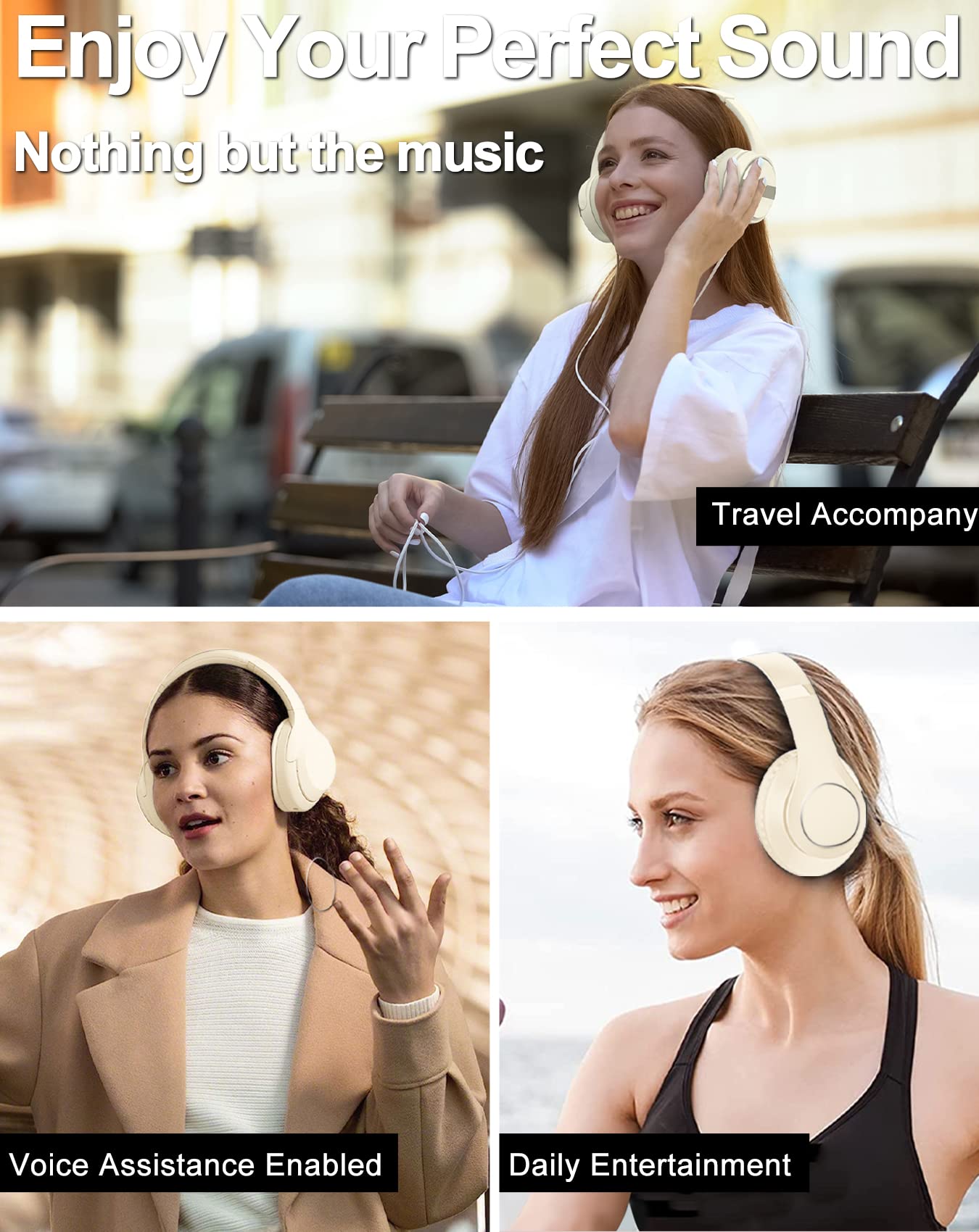 Premium Wireless Bluetooth Over-Ear Headphones - 40H Playtime, Built-in Mic, HiFi Stereo Sound, Foldable & Lightweight for Travel, Work, Gym & Commuting (Beige) - Noise Cancelling Headphones for Office, Study & Relaxation