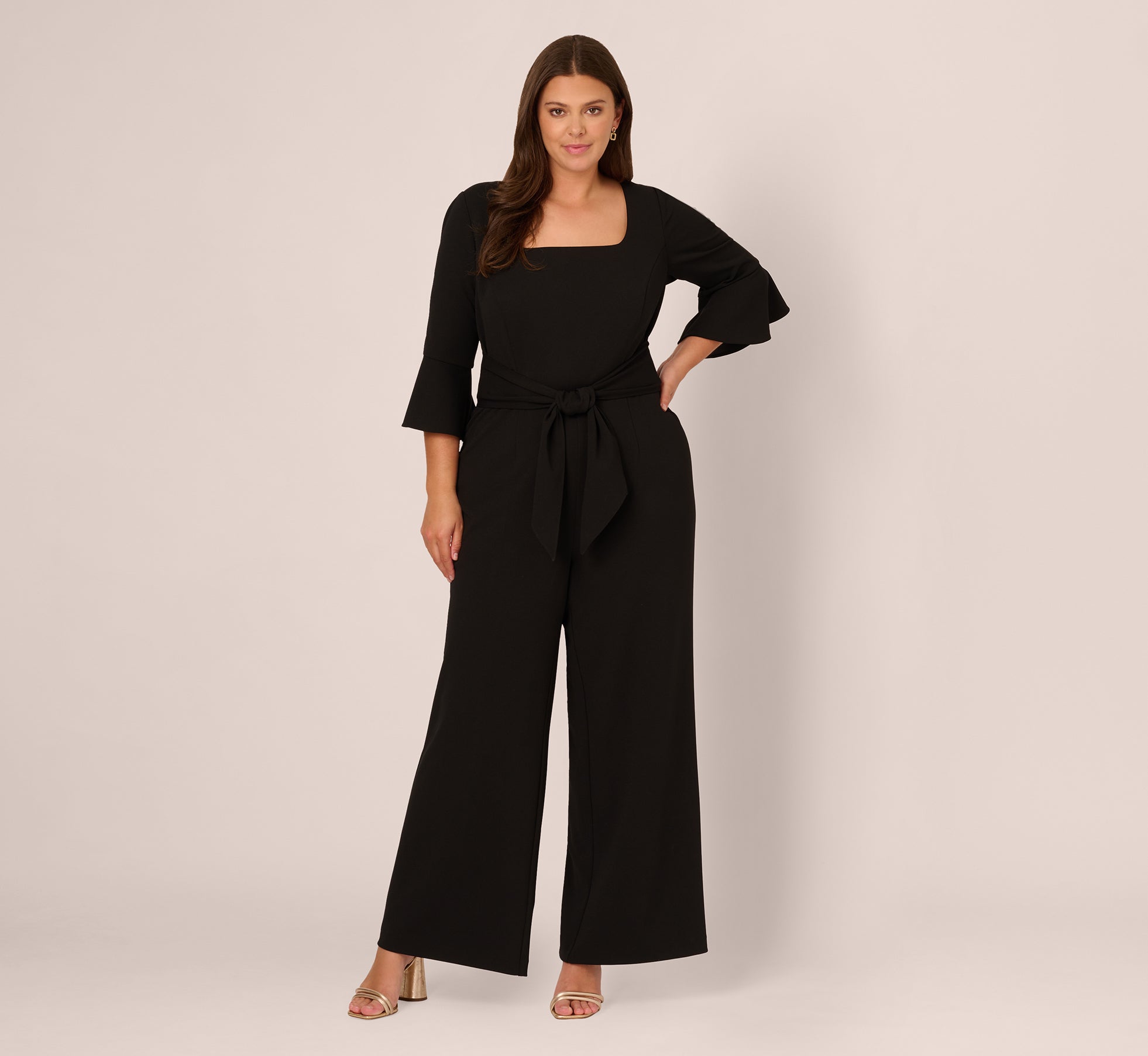 Plus Size Knit Crepe Wide Leg Jumpsuit with Bell Sleeves - Black | Women's Comfortable Stretchy Lounge Wear for Casual Outings & Travel