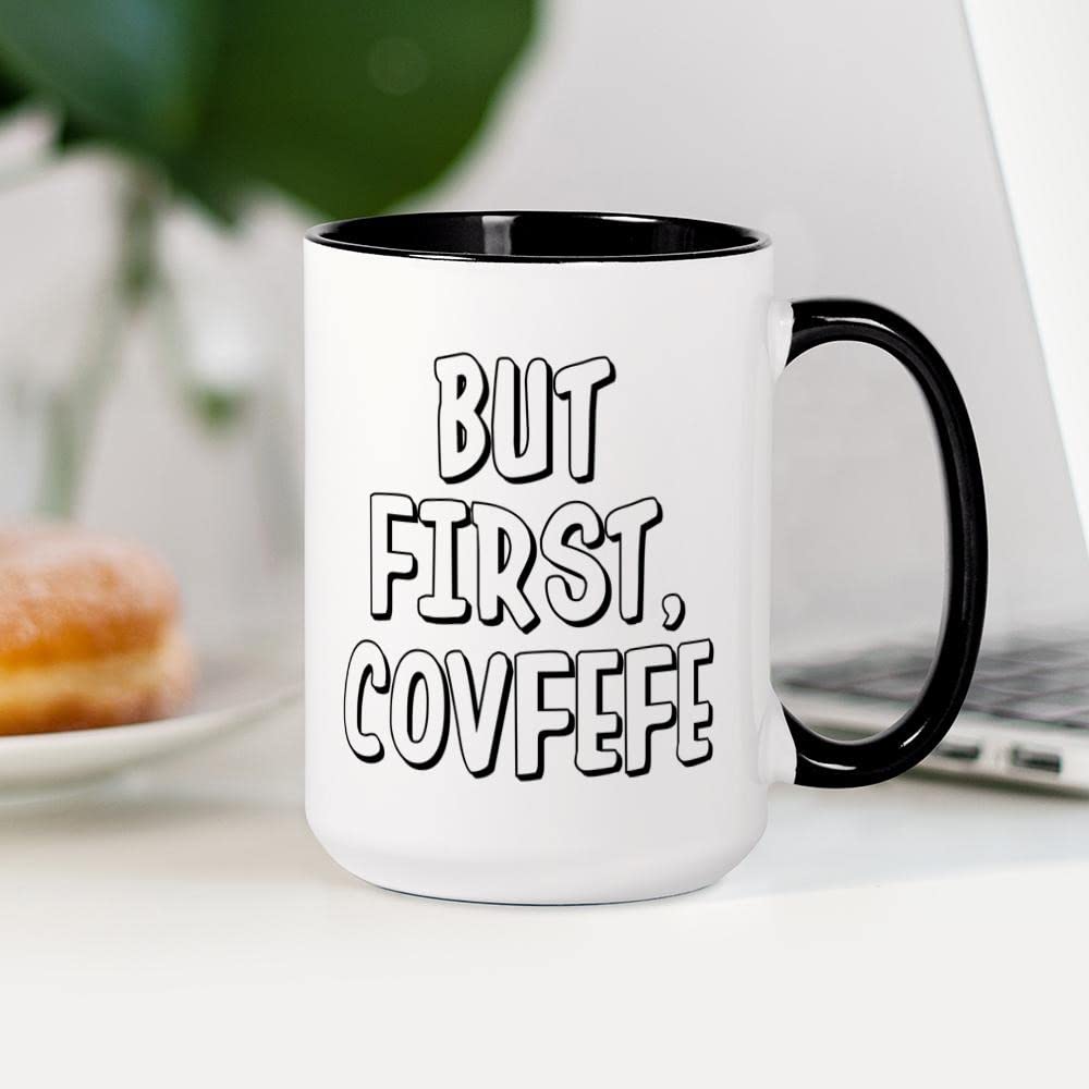 CafePress But First Covfefe 15 oz (444 ml) Ceramic Coffee Mug - Funny Novelty Gift for Coffee Lovers, Perfect for Home, Office & Gifts