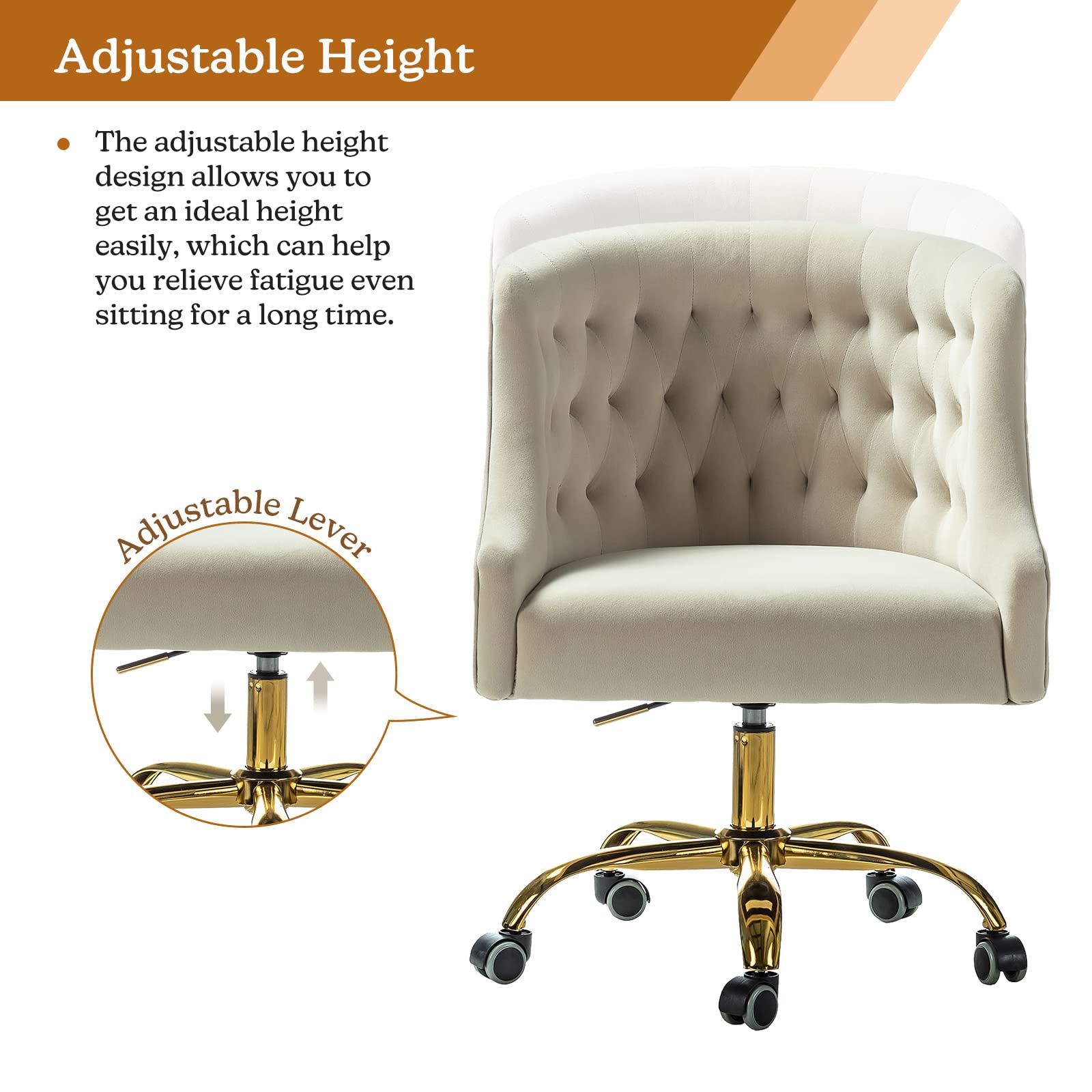 Luxury Velvet Home Office Chair with Gold Base - Modern Adjustable Swivel Task Chair for Living Room, Bedroom & Study - Soft Comfortable Desk Chair for Working, Gaming & Vanity (Tan)