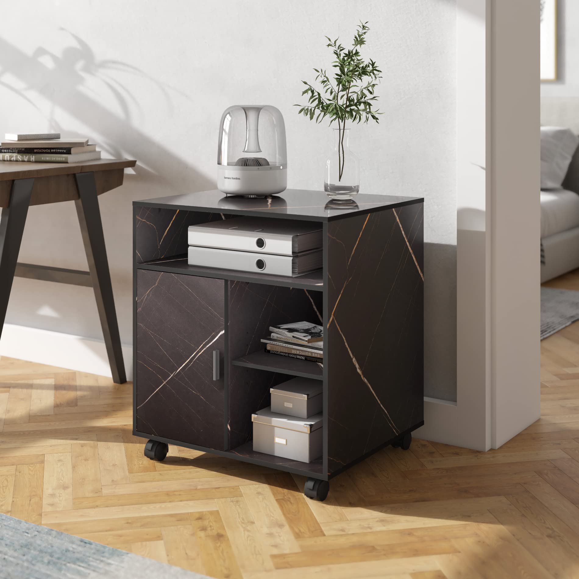 FITUEYES Large Office Cabinet with Wheels - Black Marbled Wood Mobile Printer Stand, Adjustable Shelf Storage Cart with Door, 23.6