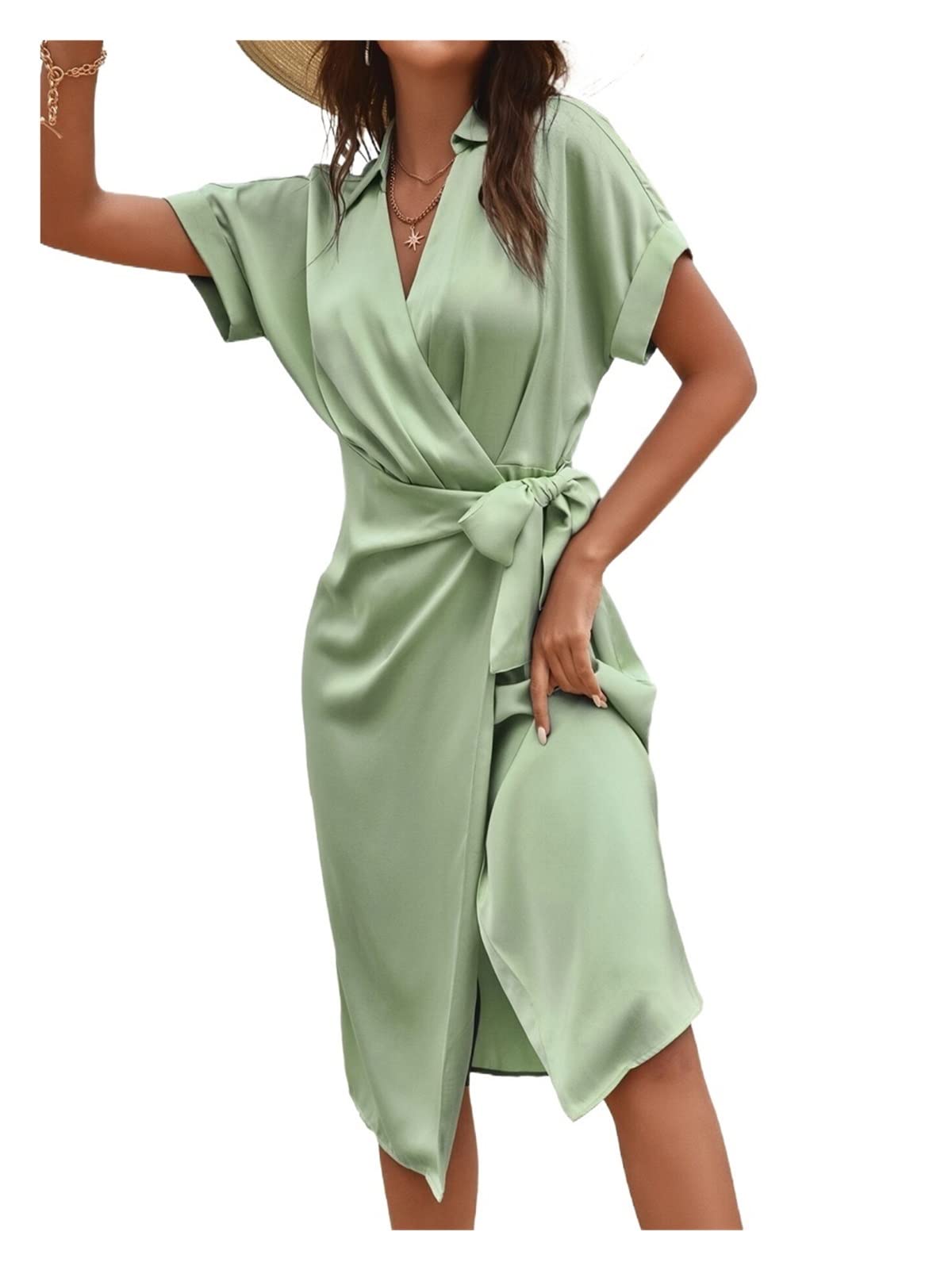 TINMIIR Women's Summer Wrap Dress - Solid Color Satin Midi Dress with Notched Neckline & Batwing Sleeves | Perfect for Beach Vacations, Date Nights & Summer Parties