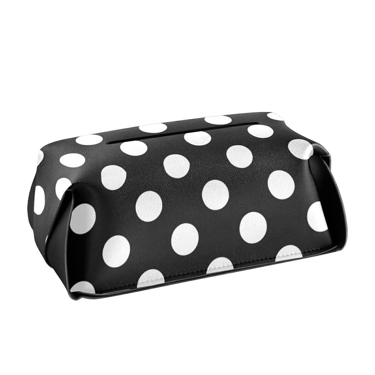 Square Tissue Box Cover Holder - Black & White Polka Dot Leather Tissue Dispenser Case - Decorative Organizer for Nightstand, Office Desk, Living Room & Bathroom
