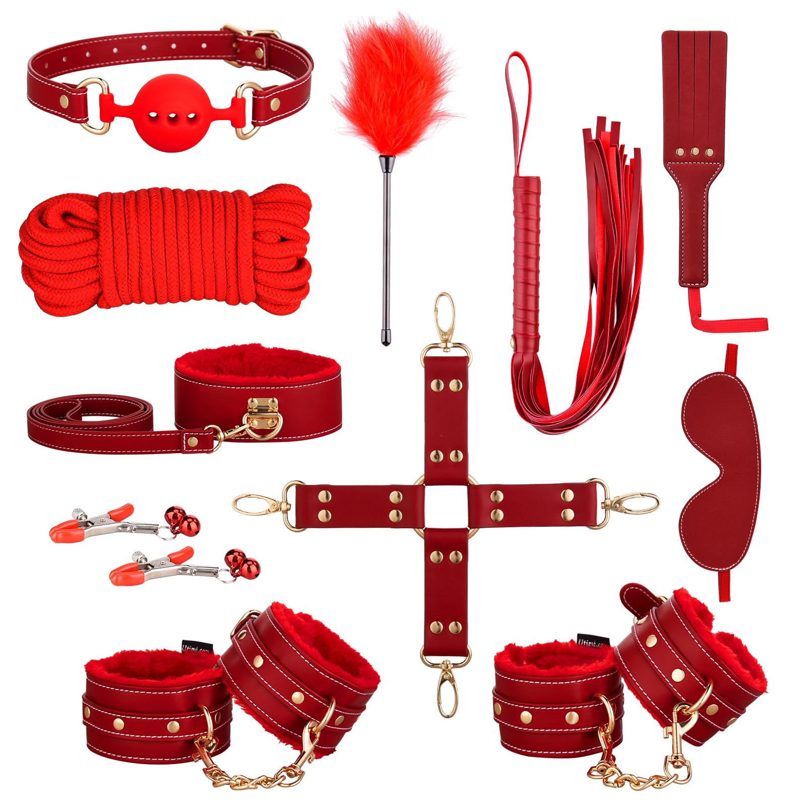 Premium 11-Piece BDSM Bondage Kit with Adjustable Handcuffs, Collar & Ankle Cuffs - Sensual Adult Toys for Couples Foreplay | Blindfold, Feather Tickler & Restraints for Spicy Bedroom Games (Red) - Perfect for Roleplay, Bachelorette Parties & Intimate Gift Giving