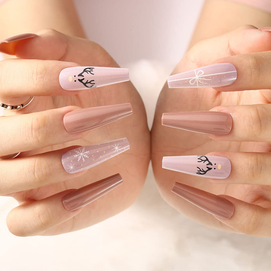 Extra Long Press on Nails - Christmas Snowflake Red Elk Ballerina Glossy Acrylic Fake Nails for Women | 30PCS Full Cover False Nails Tips | Perfect for Holiday Parties, Gift Giving & Festive Nail Art