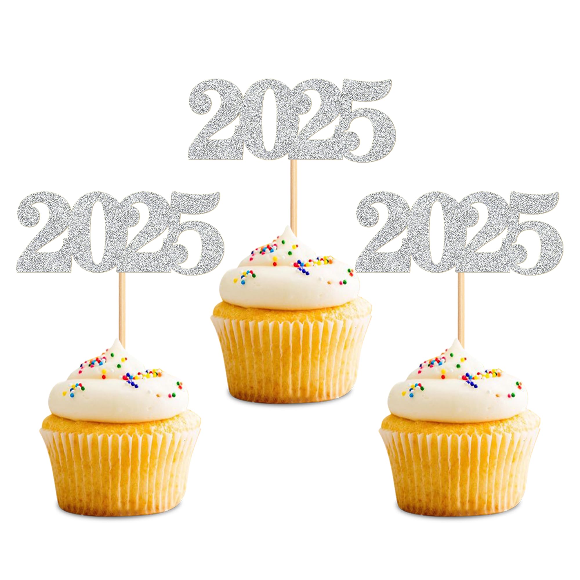 40 Pcs Silver Glitter New Year Cupcake Toppers 2025 - Cheers to 2025 Cake Picks for New Year's Eve Party Decorations - Perfect for Birthday, Wedding, and Holiday Celebrations