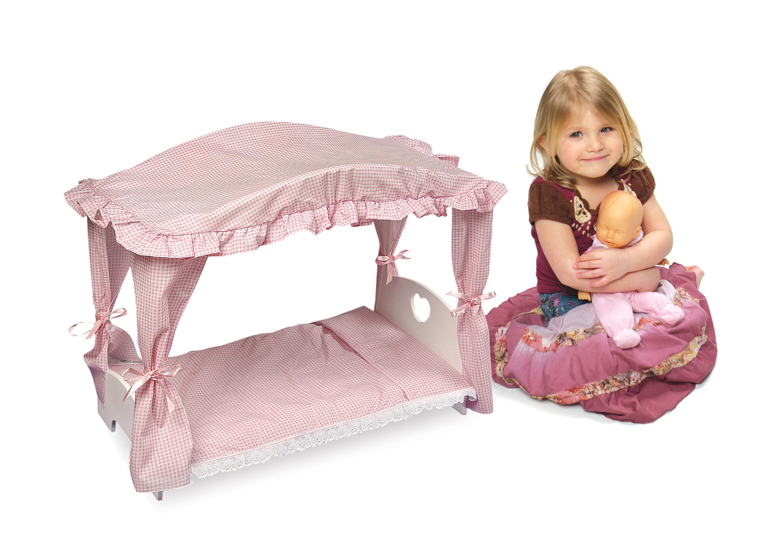 Badger Basket Doll Canopy Bed with Bedding Set for 18-20 Inch Dolls - Elegant White Wooden Design for American Girl & Other Large Dolls | Perfect for Imaginative Play, Room Decor & Gift Giving