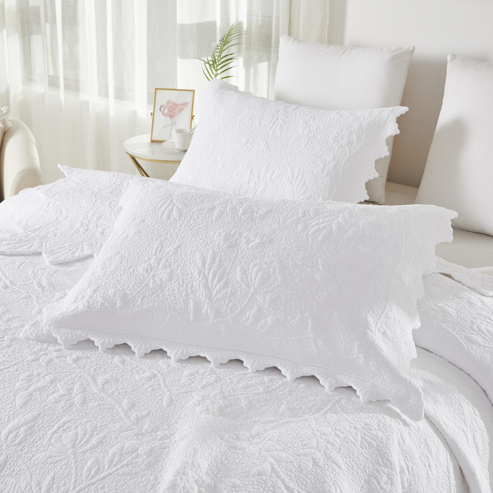 Brandream White King Size Quilt Set - 100% Cotton Luxury Matelasse Coverlet Bedding Set with Scalloped Edge, Farmhouse Style 3-Piece Queen/King Bedspread - Perfect for Master Bedroom, Guest Room & Cozy Farmhouse Decor