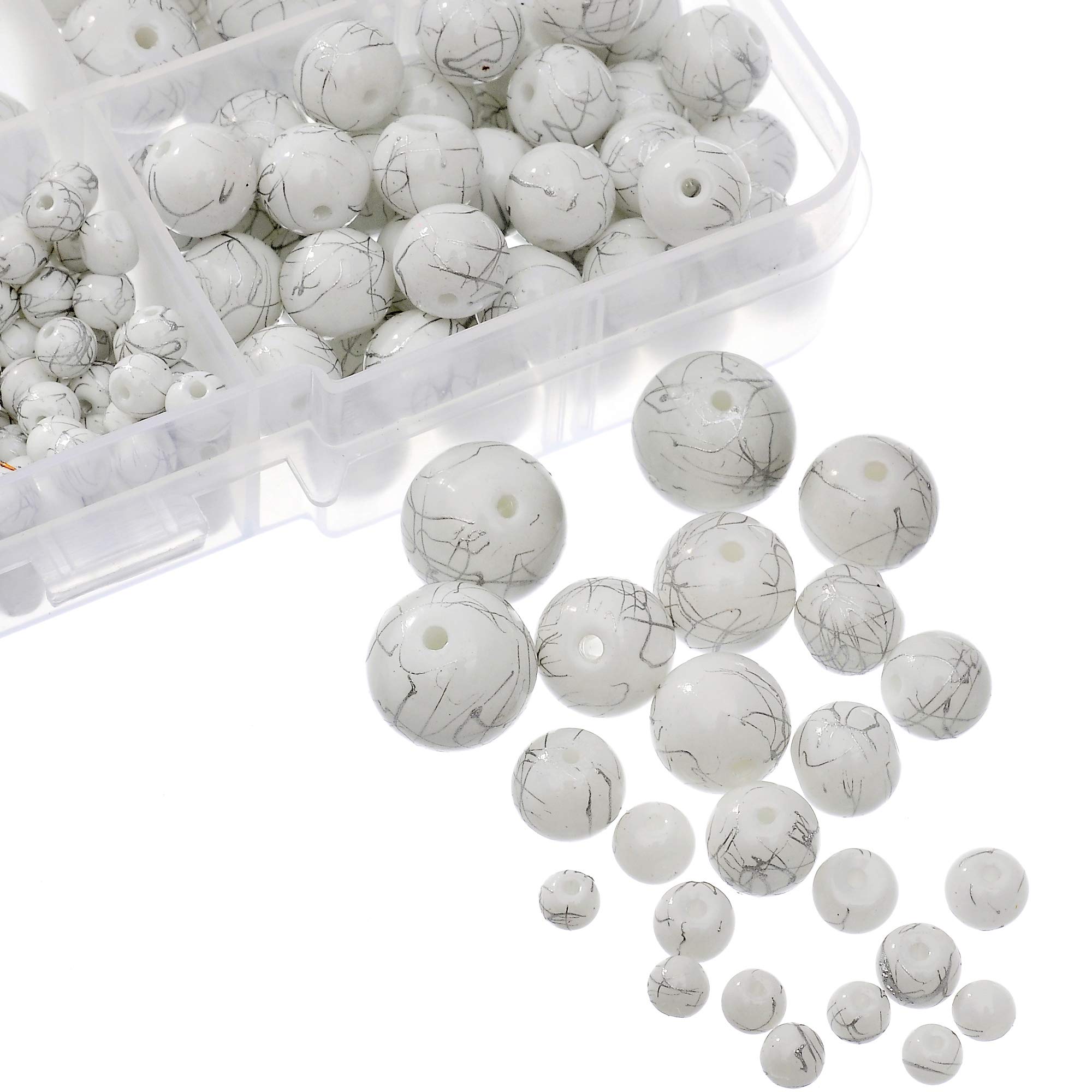 300pcs Mixed Size Glass Beads for Jewelry Making - Opaque White with Silver Paint Splatter Design | DIY Bracelets, Necklaces & Craft Projects | RUBYCA
