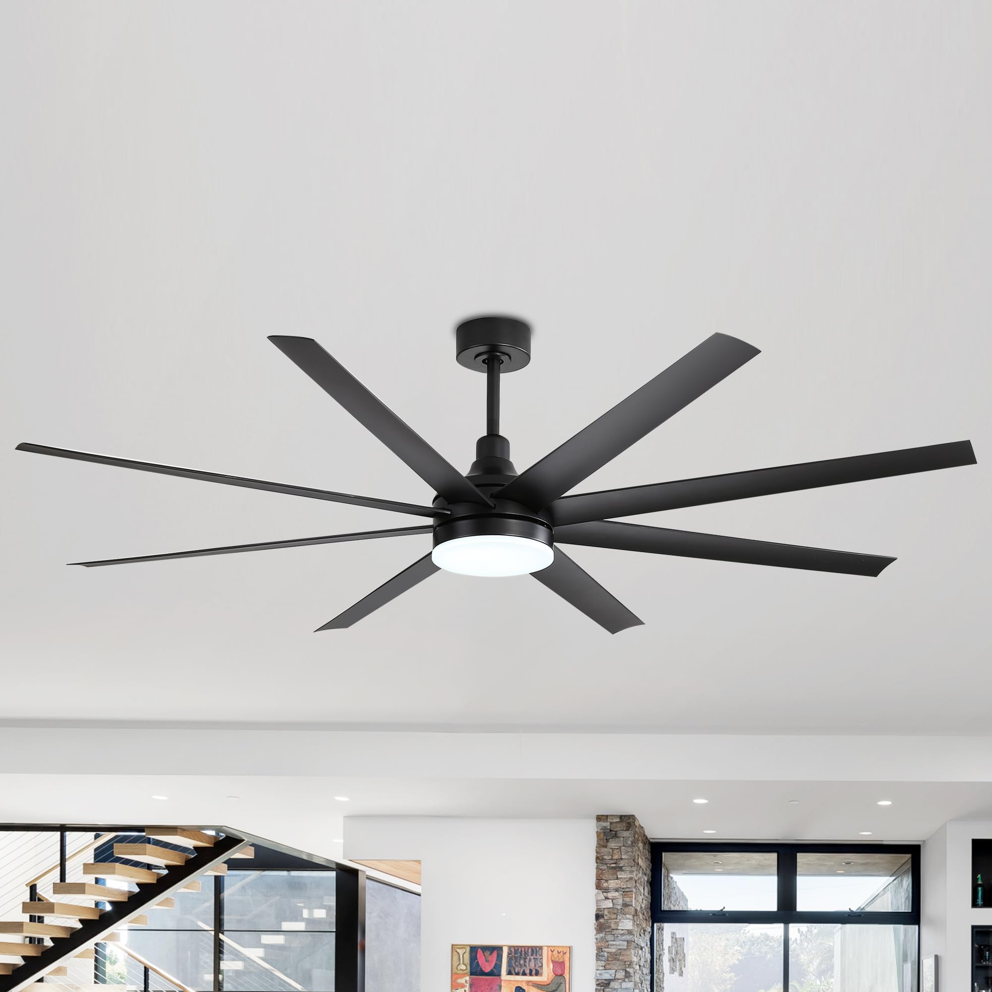 72 Inch Industrial Ceiling Fan with LED Light & Remote Control - 8 Reversible Blades, Quiet DC Motor, 6-Speed Settings, Timer Function - Modern Chandelier Style for Bedroom, Living Room & Office (Black)