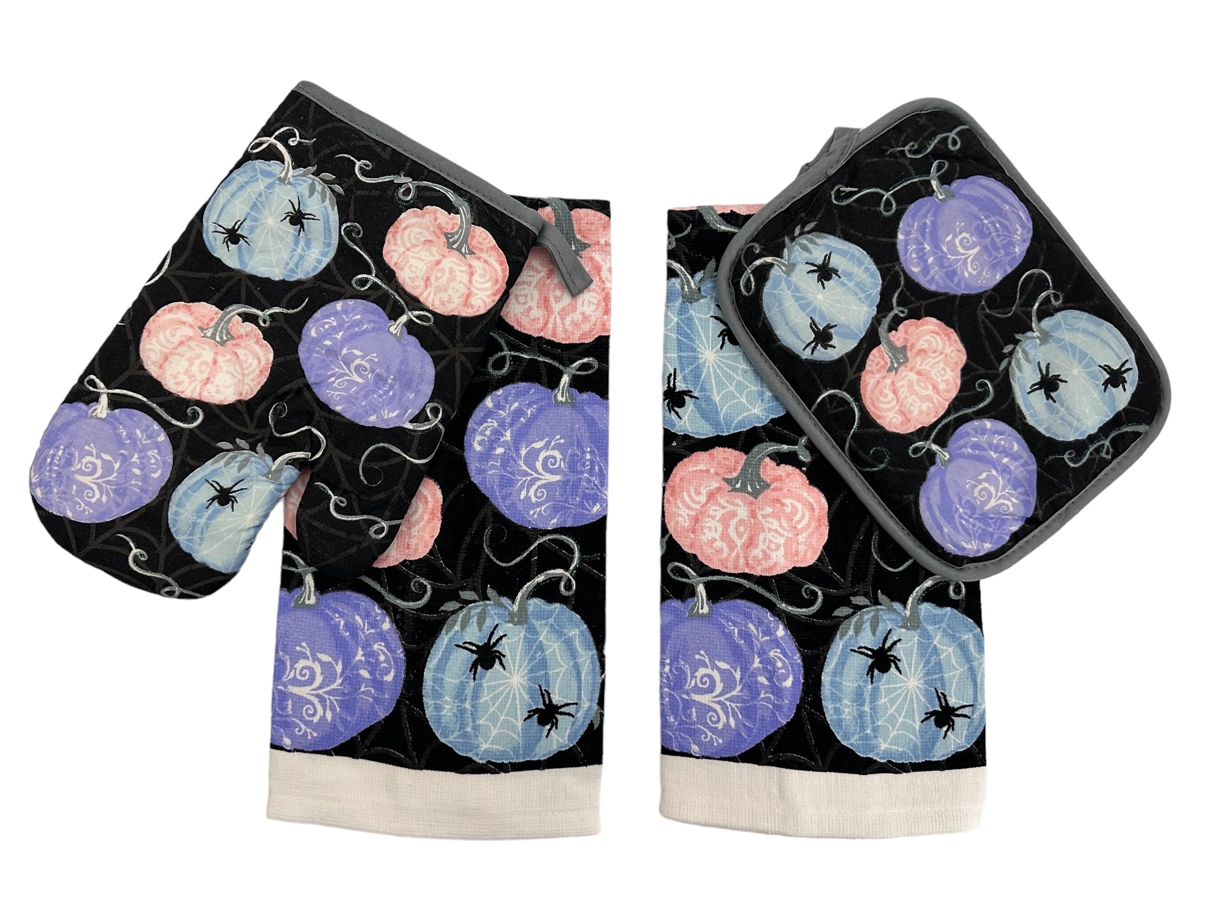 Halloween Kitchen Dish Towels and Pot Holders Set - Spellbinding Pumpkin Design on Black Fabric | Perfect for Fall Decor, Thanksgiving Dinner & Spooky Holiday Hosting