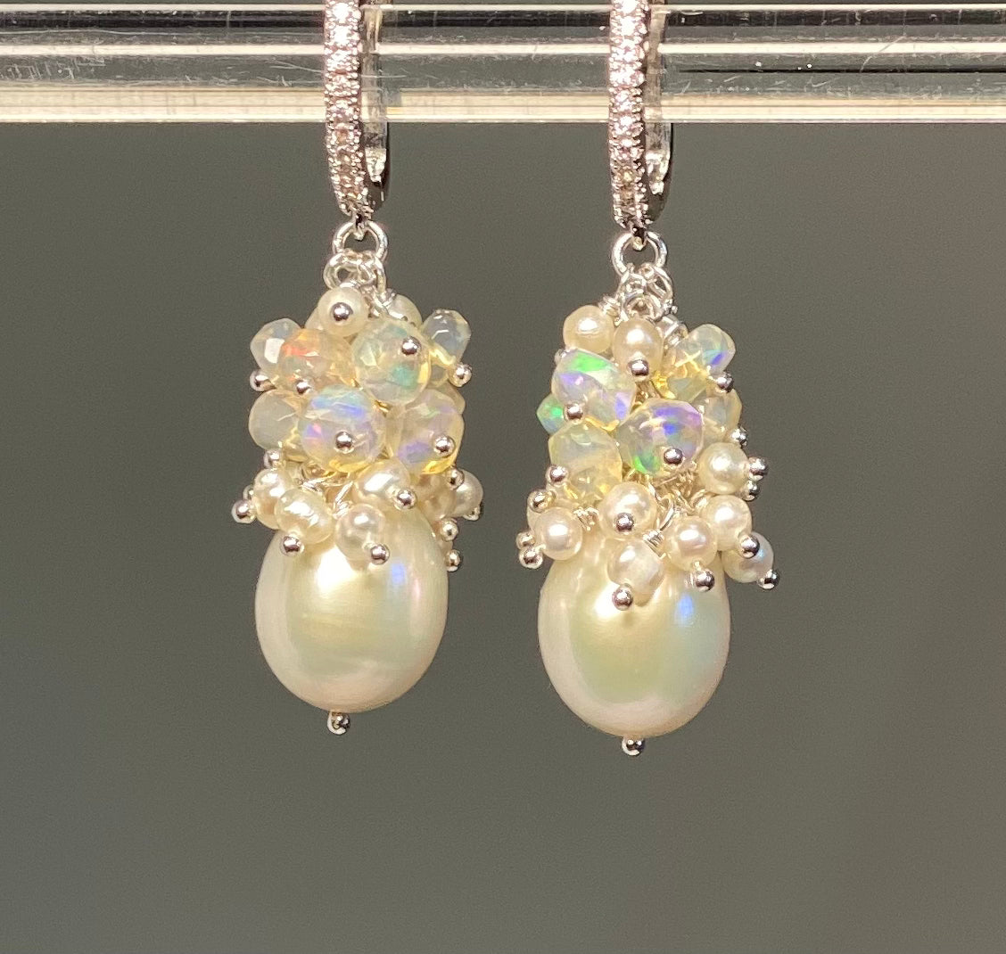 Pearl and Opal Cluster Earrings Sterling Silver - Elegant Dangle Earrings for Women, Perfect for Weddings, Parties & Special Occasions