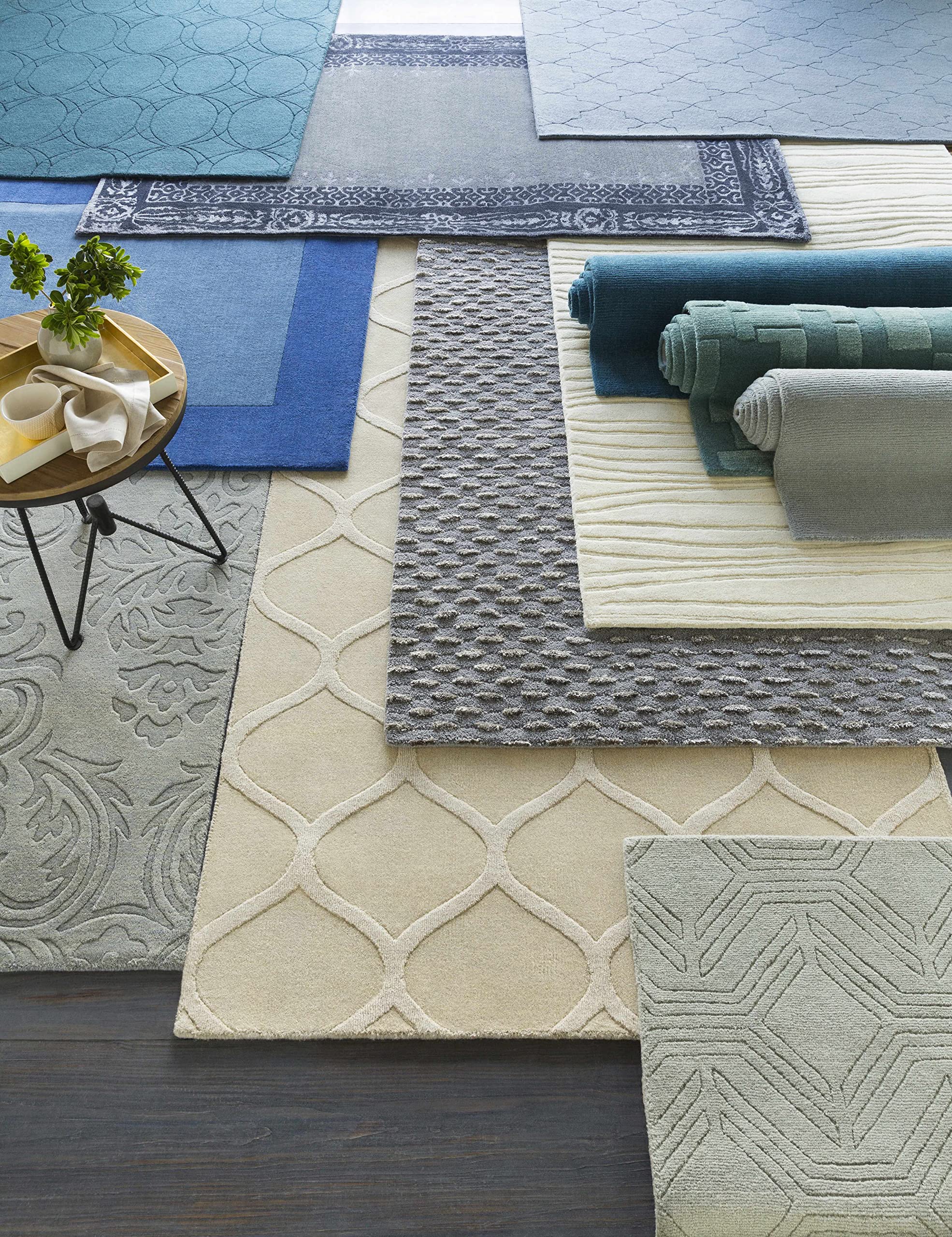 Premium Hauteloom Macedon Wool Area Rug for Living Room & Bedroom - Solid Blue with Border - 6' x 9' - Soft & Durable - Perfect for Cozy Home Decor, Family Gatherings and Relaxing Spaces