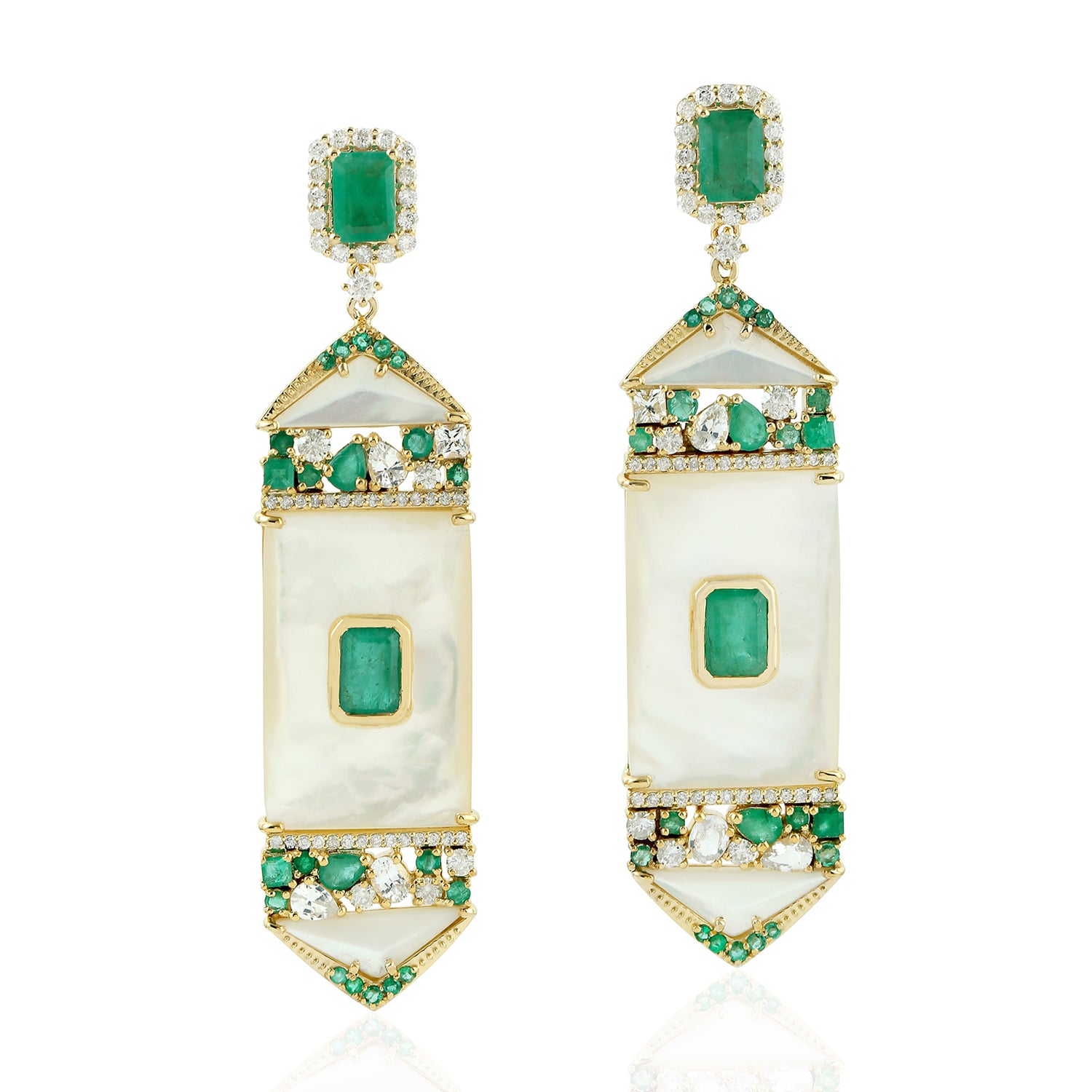 Exquisite Pear Cut MOP & Emerald Sapphire Pave Diamond Dangle Earrings in Yellow Gold - Perfect for Weddings, Parties & Special Occasions