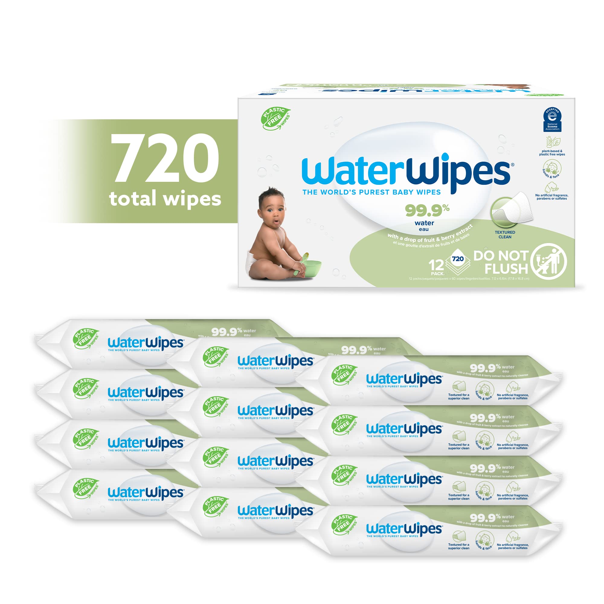 WaterWipes Plastic-Free Textured Baby Wipes for Sensitive Skin | 99.9% Water-Based, Hypoallergenic & Eco-Friendly | Gentle Cleansing for Newborns, Toddlers & Diaper Changes | Perfect for On-the-Go, Travel & Nursery Use