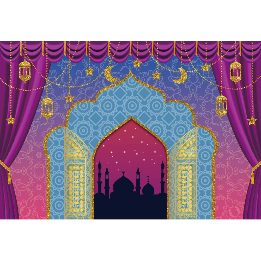 YongFoto 20x15ft Vinyl Eid Mubarak Backdrop - Night View Mosque Silhouette Photography Background with Gold Crescent Moon & Star - Ramadan Kareem Celebration Decor for Islamic Religious Activities, Photo Shoots & Party Decorations