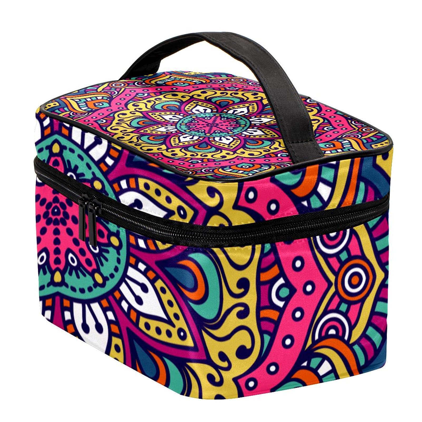 Hippie Mandala Floral Pattern Travel Makeup Bag - Large Cosmetic Organizer with Zipper for Women & Girls | Perfect for Vacation, Gym, Beach & Daily Essentials Storage