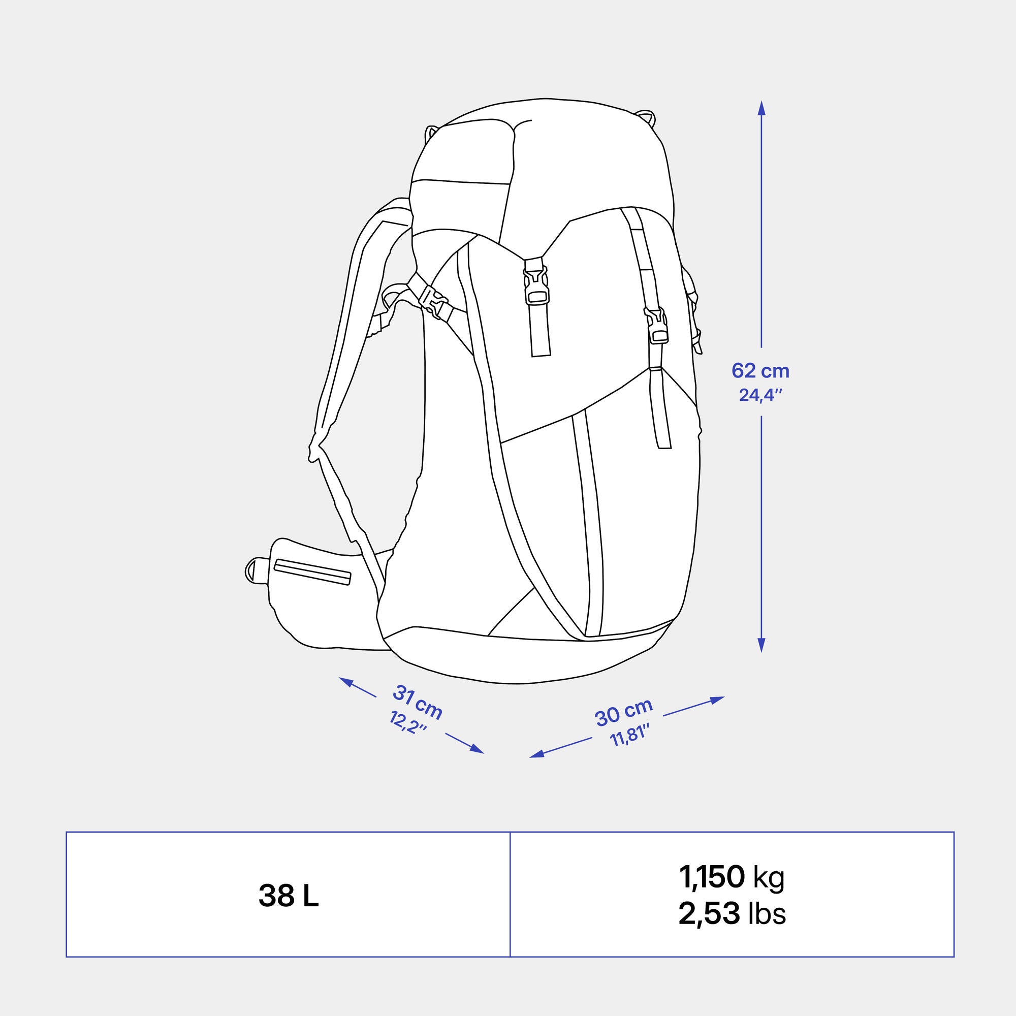 Quechua MH500 38L Lightweight Hiking Backpack for Men & Women - Water-Resistant Trekking Bag for Outdoor Adventures, Camping & Travel