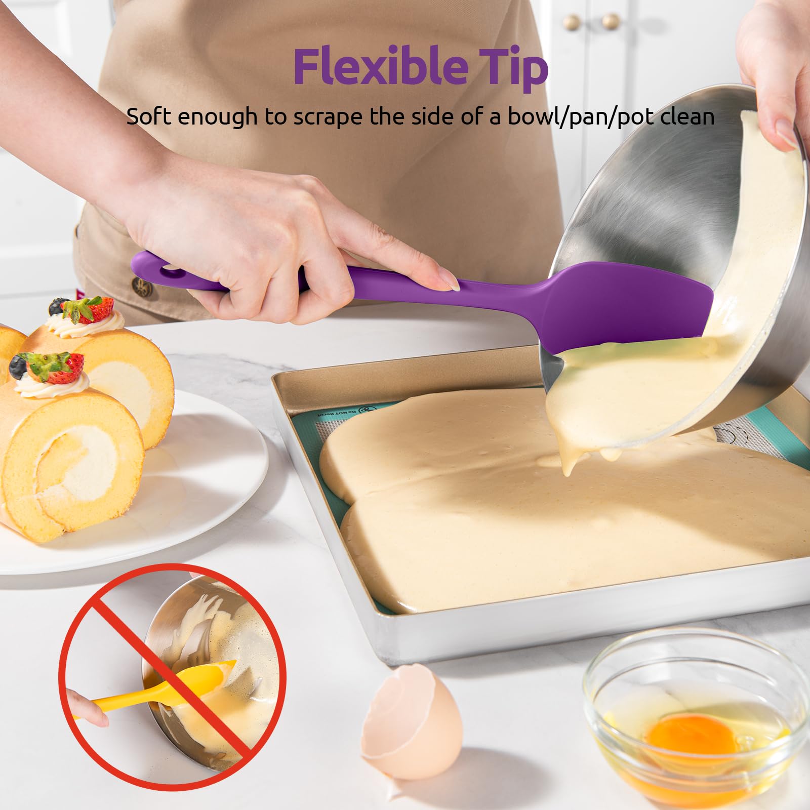 U-Taste Silicone Spoon Spatula Set - 3-Piece High Heat Resistant 600°F Kitchen Utensils for Baking, Cooking & Mixing - Food Grade Flexible Rubber Scrapers for Nonstick Cookware (Purple) - Perfect for Cake Decorating, Cookie Dough Mixing & Pancake Flipping