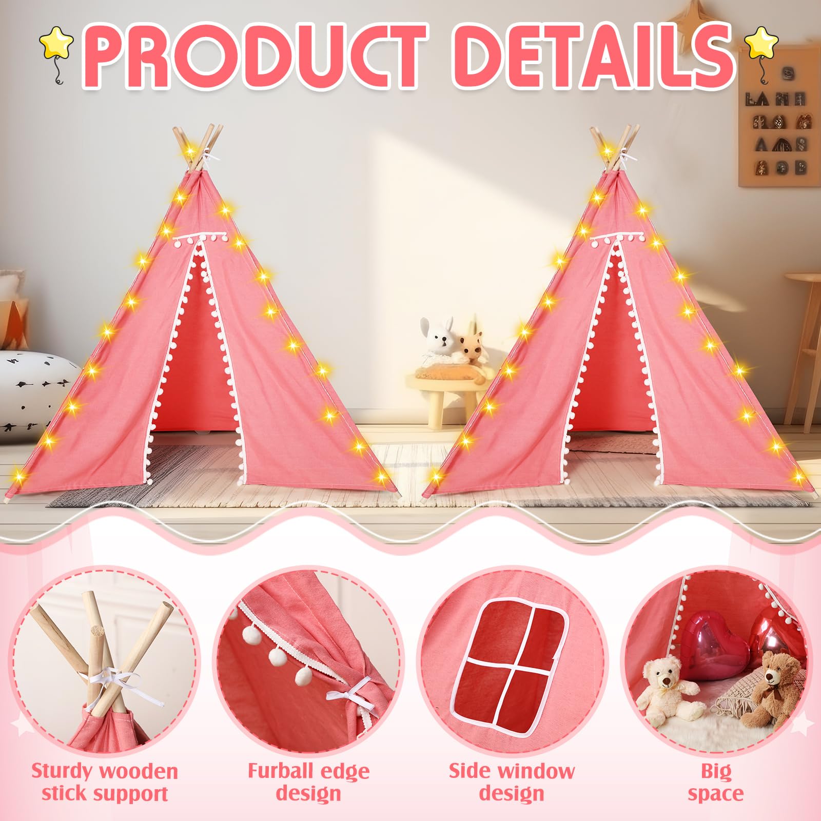 **Windyun 4-Piece Kids Teepee Tent with LED Lights - Foldable Cotton Linen Play Tent for Girls & Boys - Indoor Outdoor Slumber Party, Sleepover & Playroom Decor (Pink)**    *(Perfect for Birthday Parties, Nursery Room Decor, Camping Adventures & Cozy Playtime!)*
