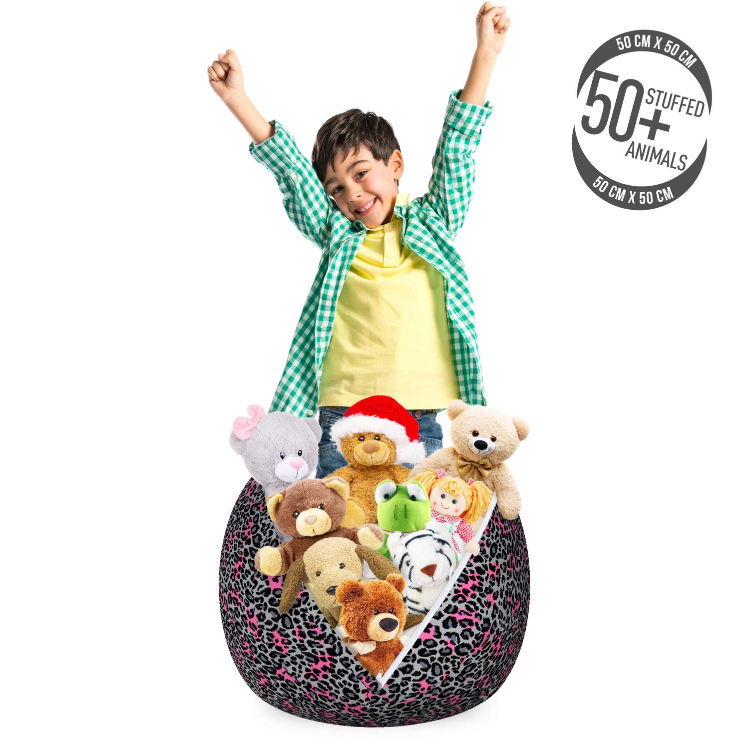 Ambesonne Leopard Print Storage Toy Bag Chair - Savannah Animal Pattern Organizer for Kids Room, Washable Stuffed Animal Storage in Pink Grey Black | Perfect for Playroom, Nursery & Bedroom Organization
