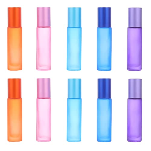 FRCOLOR 10ML Refillable Glass Roller Bottles - 10PCS Empty Roll On Perfume Bottles for Essential Oils, Aromatherapy, Perfumes & Lip Balms | Colorful Frosted Design | Perfect for DIY Beauty, Travel & Gift Giving