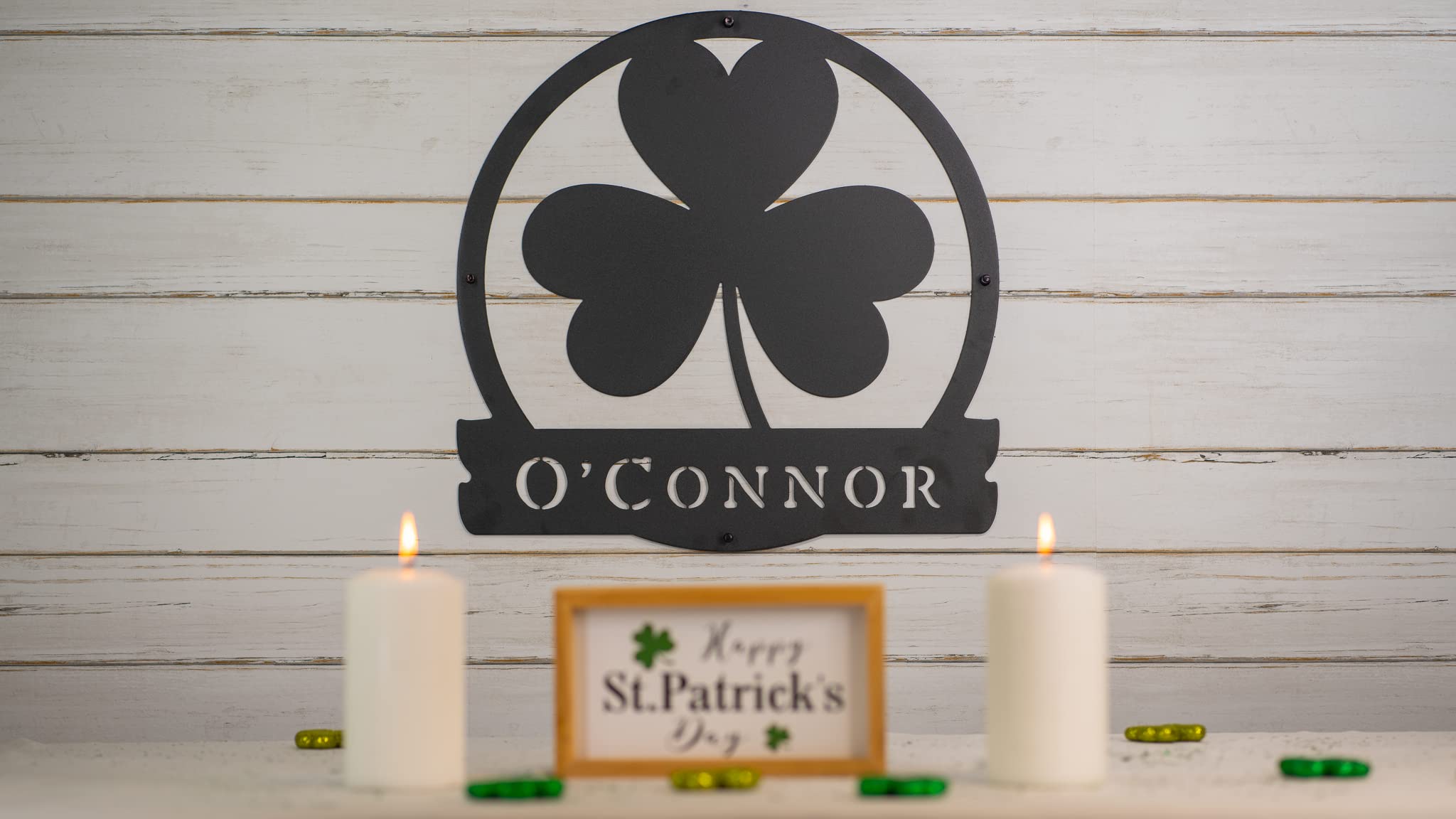 RealSteel Shamrock Monogram - Custom Irish Clover Wall Decor for St Patrick's Day - Personalized Home Decoration for Living Room, Bedroom, Kitchen & Entryway - 36 Inch Black Metal Sign - Perfect for Irish-Themed Parties & Holiday Home Decor