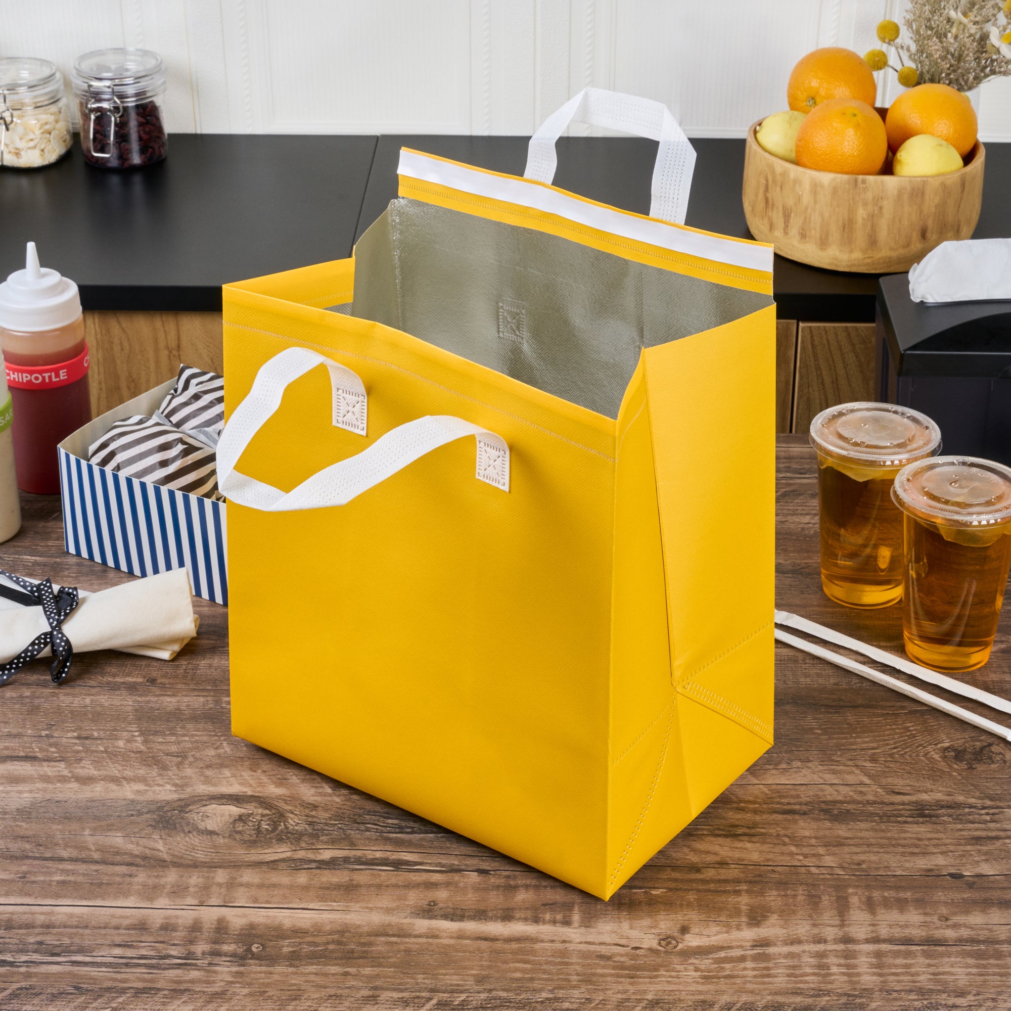 Insulated Yellow Takeout Bags - Tamper Evident Food Delivery Bags (11.75