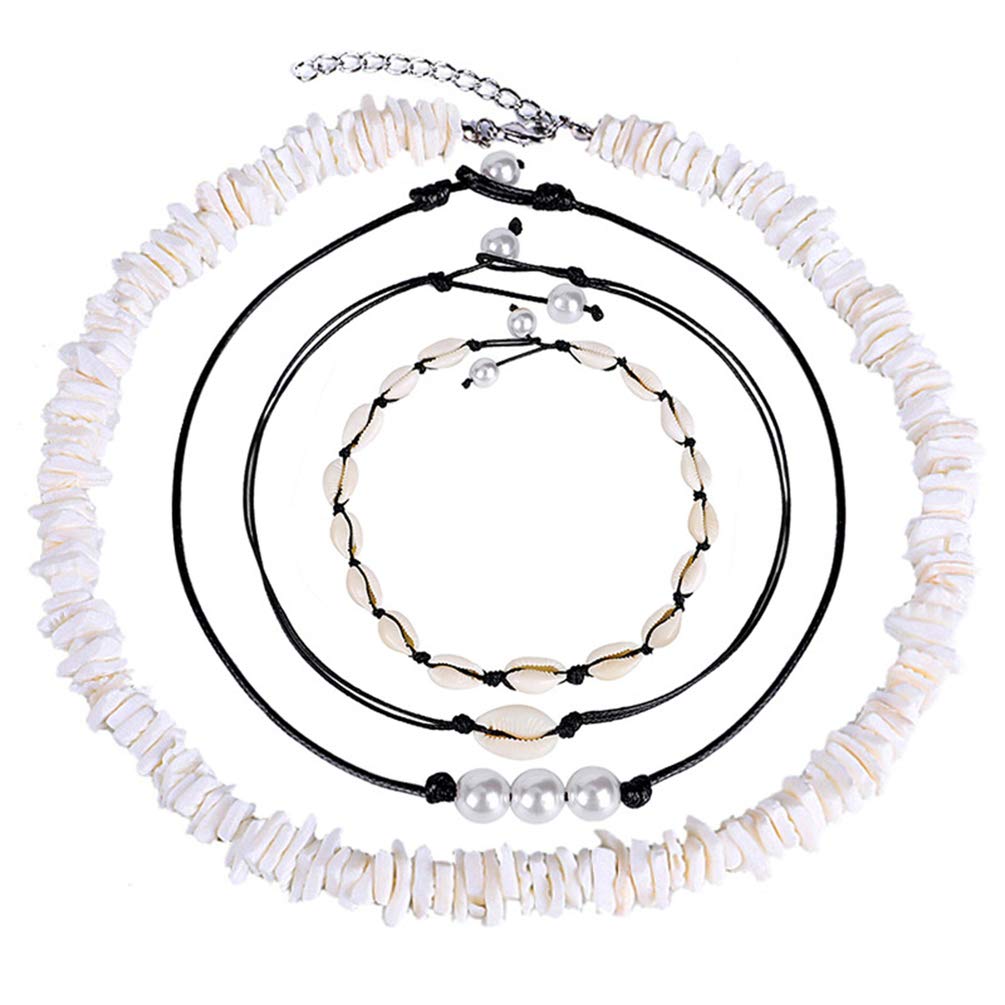 Healifty Handmade Natural Puka Shell Necklace with Pearls - Hawaiian Choker for Women & Girls - 4pcs Set (Pattern 1) - Perfect Gift for Beach Parties, Summer Vacations & Boho Fashion