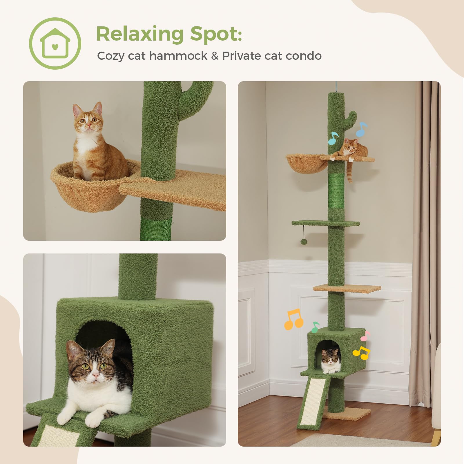 PAWZ Adjustable Floor-to-Ceiling Cat Tree Tower (82.7''-107.8'') - Tall Cactus Design Cat Climbing Furniture with Scratching Post, Ladder, Hammock & Condo for Indoor Cats - Perfect for Small Spaces & Cat Play Areas - Green