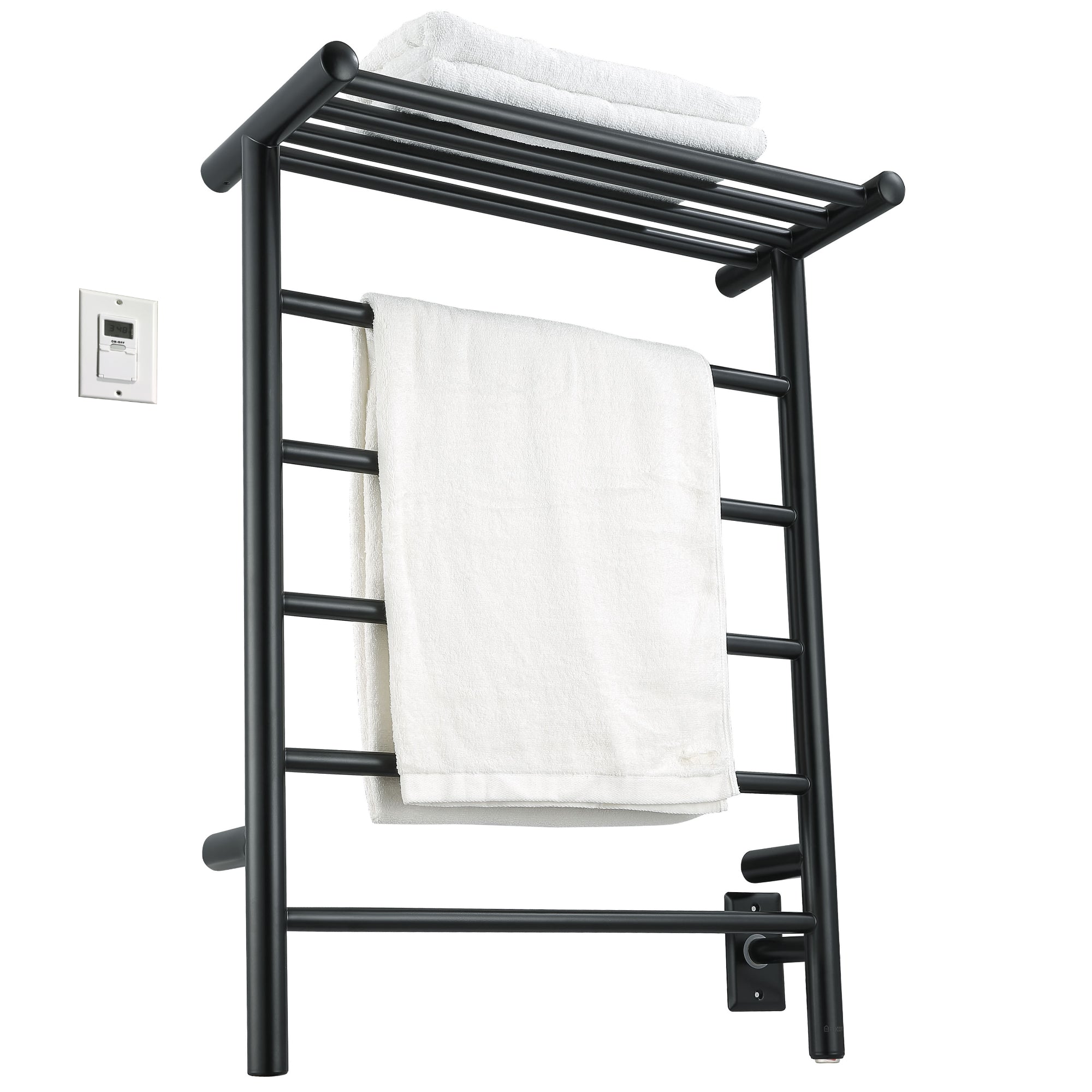 Ancona Miazzo 5 Bar Electric Wall Mount Towel Warmer - Plug In or Hardwire with Shelf & Timer - Matte Black - Perfect for Bathroom, Spa & Luxury Home Heating